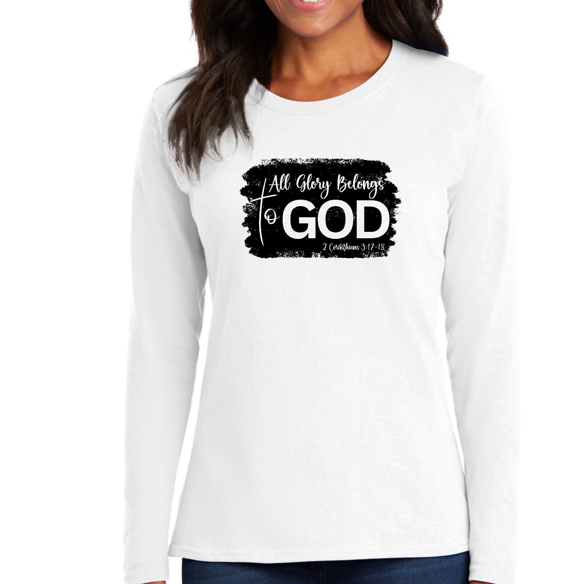 Womens Long Sleeve Graphic T-shirt in black with 'All Glory Belongs to God' print, showcasing a comfortable crewneck design.