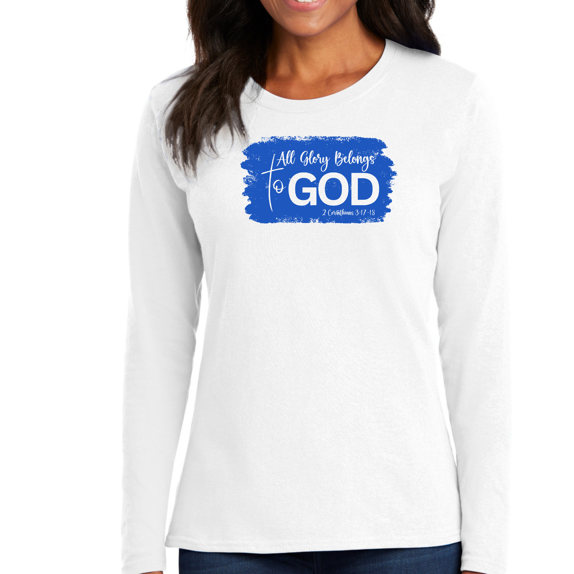 Womens Long Sleeve Graphic T-shirt featuring 'All Glory Belongs to God' in vibrant colors, showcasing a stylish and comfortable design.