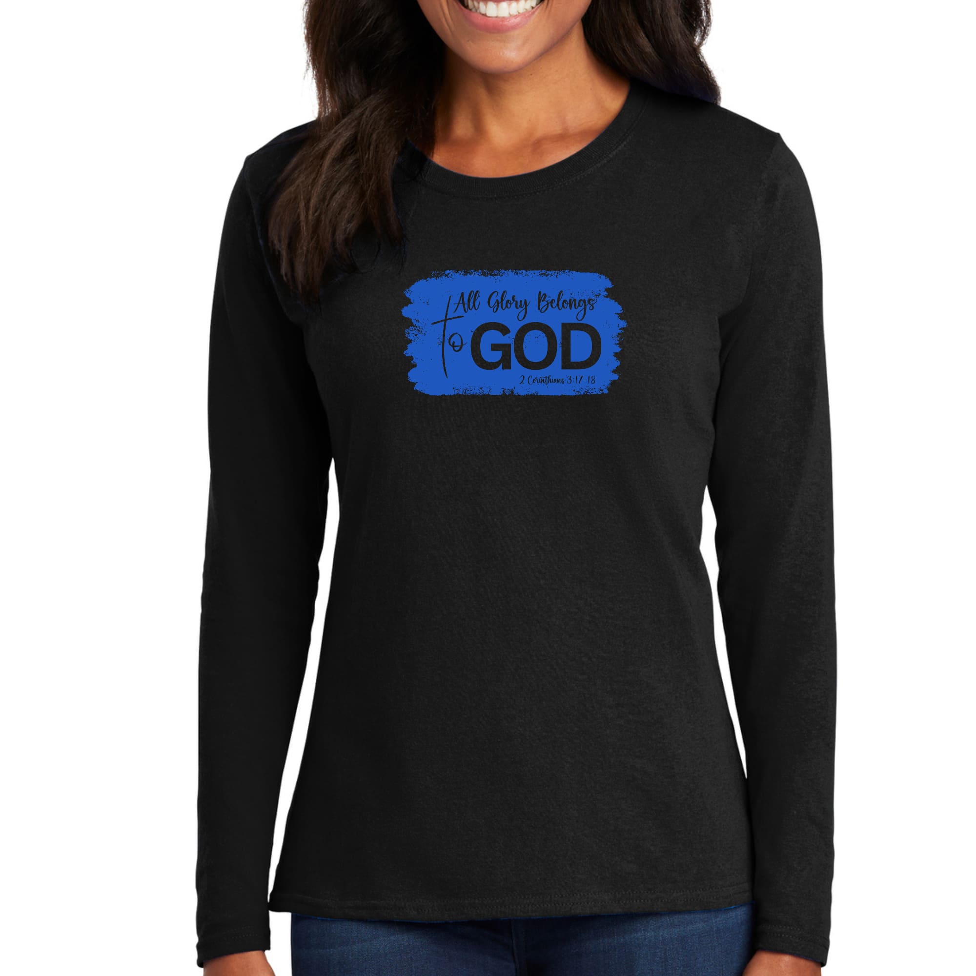 Womens Long Sleeve Graphic T-shirt featuring 'All Glory Belongs to God' in vibrant colors, showcasing a stylish and comfortable design.