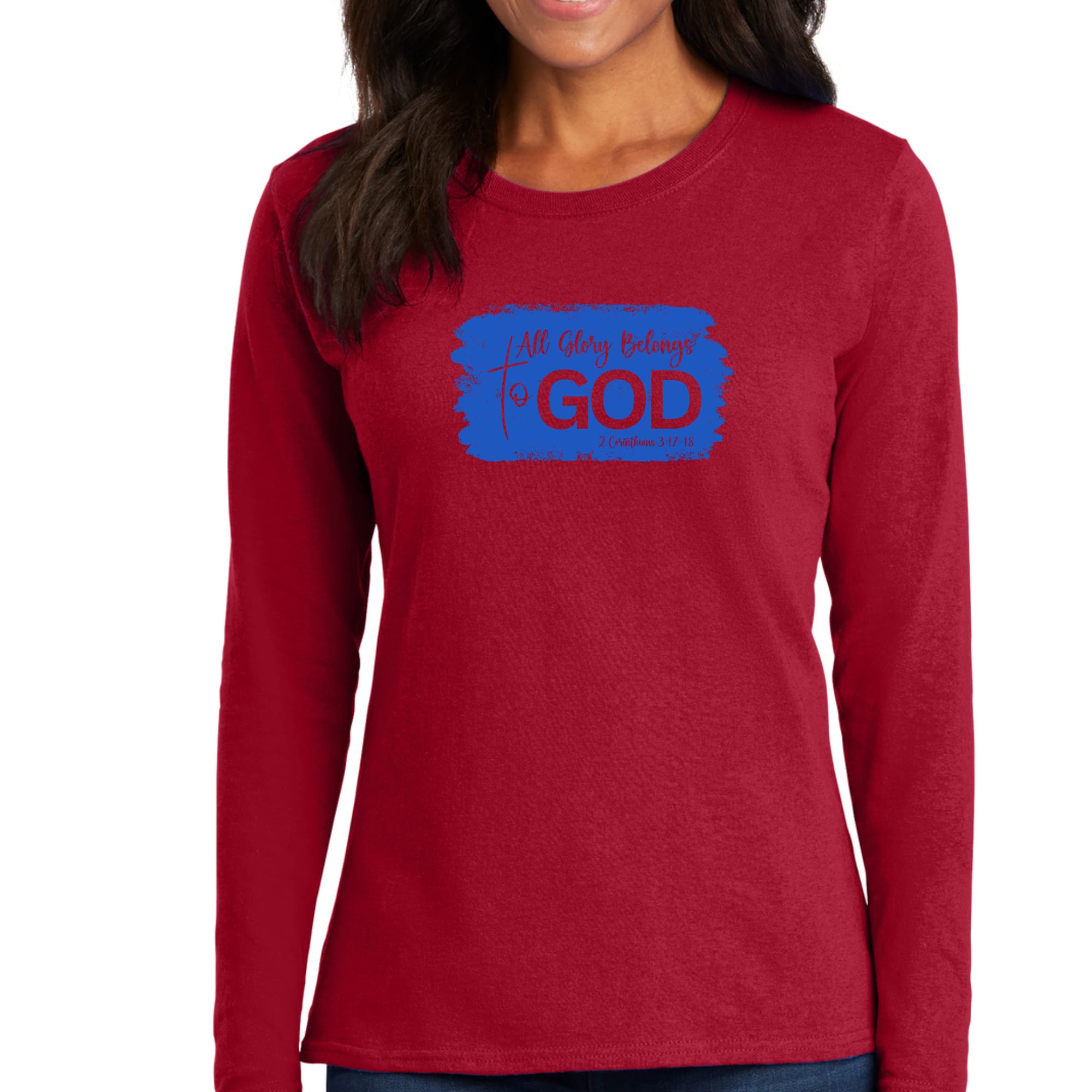 Womens Long Sleeve Graphic T-shirt featuring 'All Glory Belongs to God' in vibrant colors, showcasing a stylish and comfortable design.