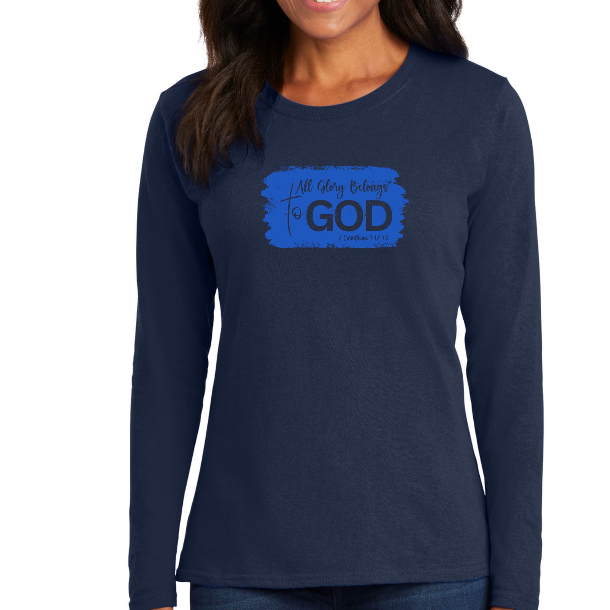 Womens Long Sleeve Graphic T-shirt featuring 'All Glory Belongs to God' in vibrant colors, showcasing a stylish and comfortable design.