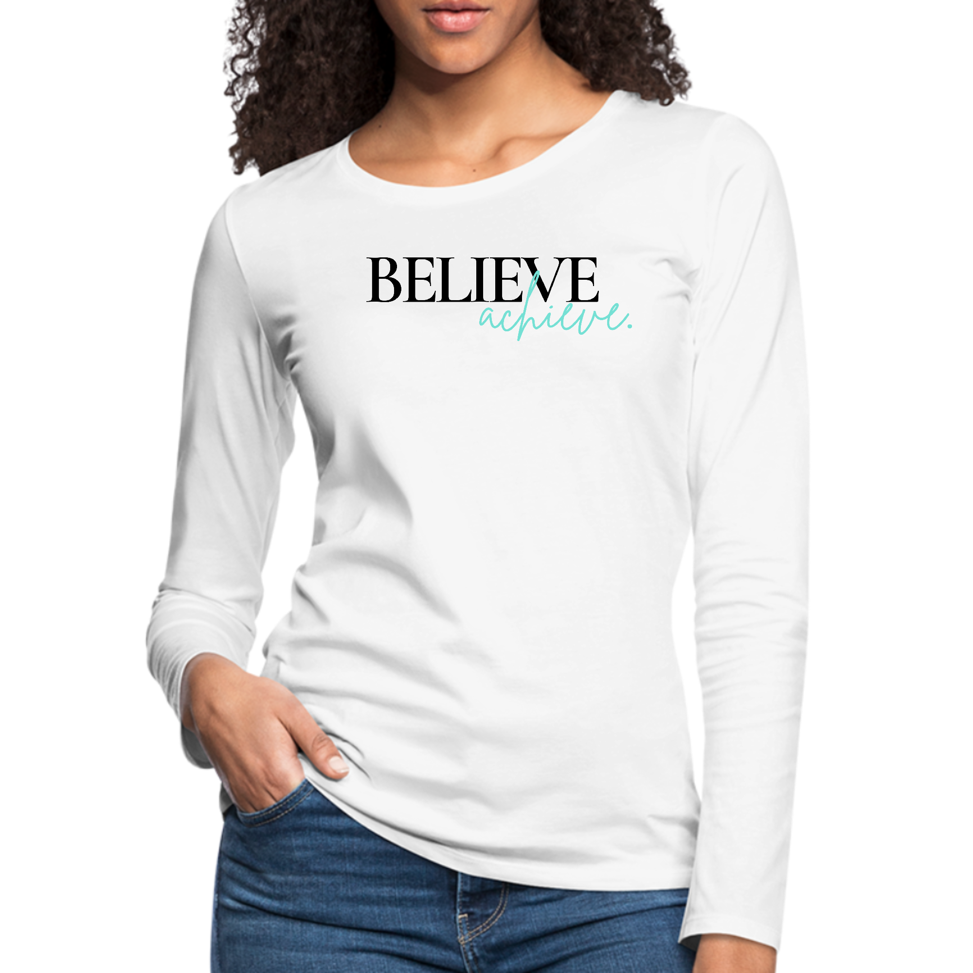 Women's Long Sleeve Graphic T-shirt in black featuring 'Believe and Achieve' motivational print, made from soft preshrunk cotton.