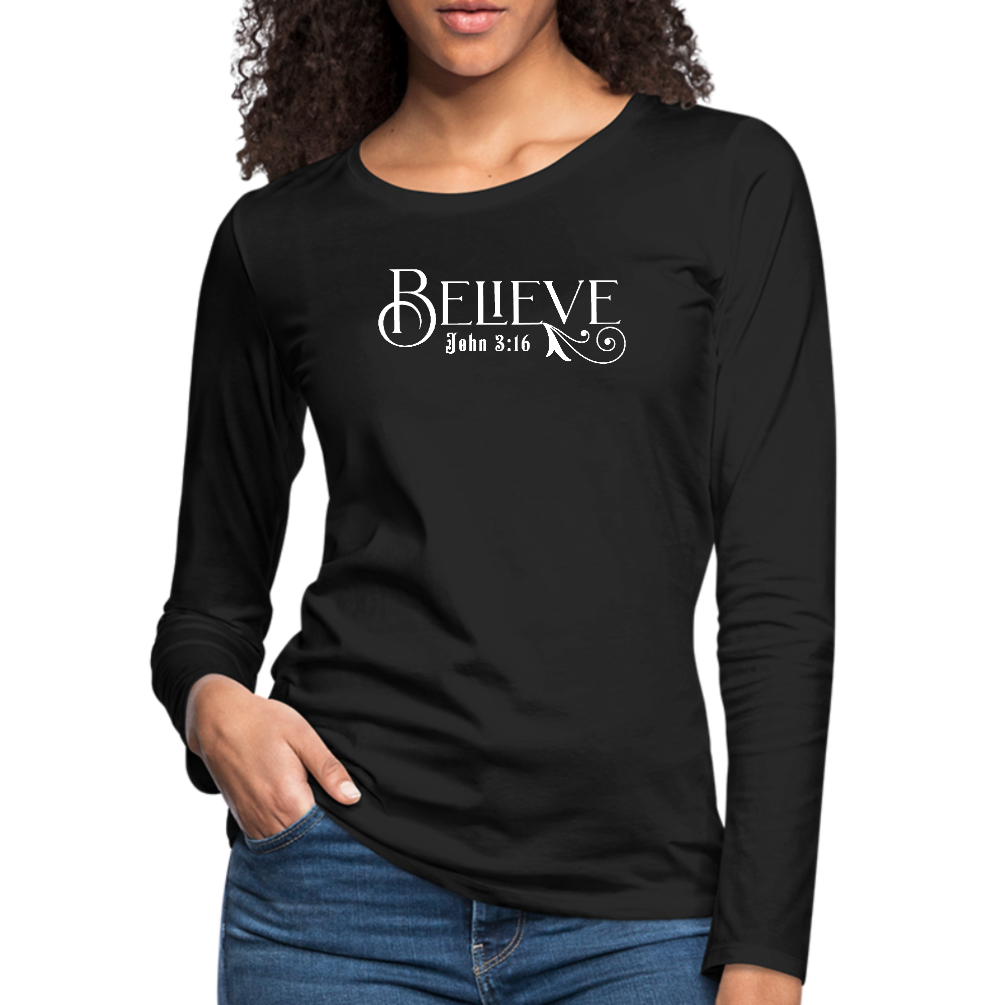 Women's Long Sleeve Graphic T-shirt with Believe John 3:16 verse print, showcasing a comfortable fit and stylish design.