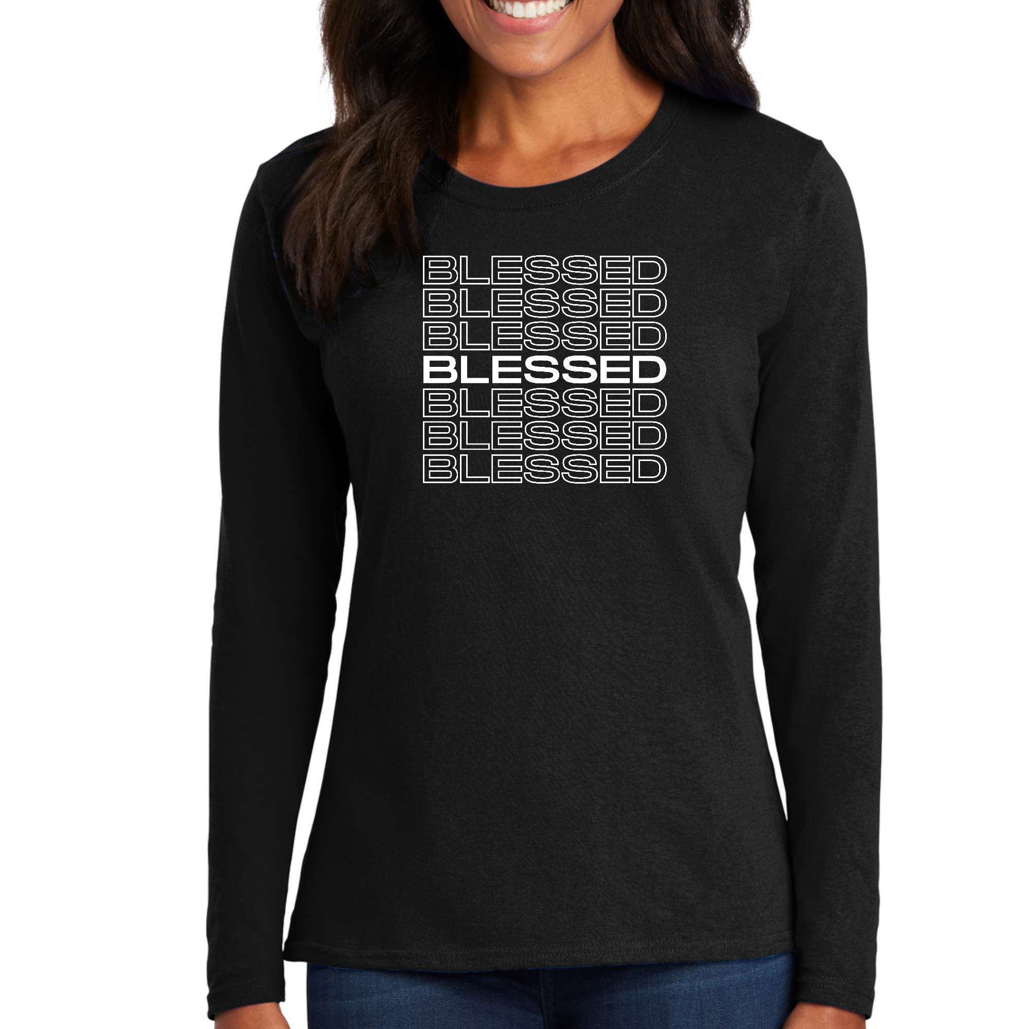 Womens Long Sleeve Graphic T-shirt featuring a Blessed Stacked Print, showcasing its soft fabric and stylish design.