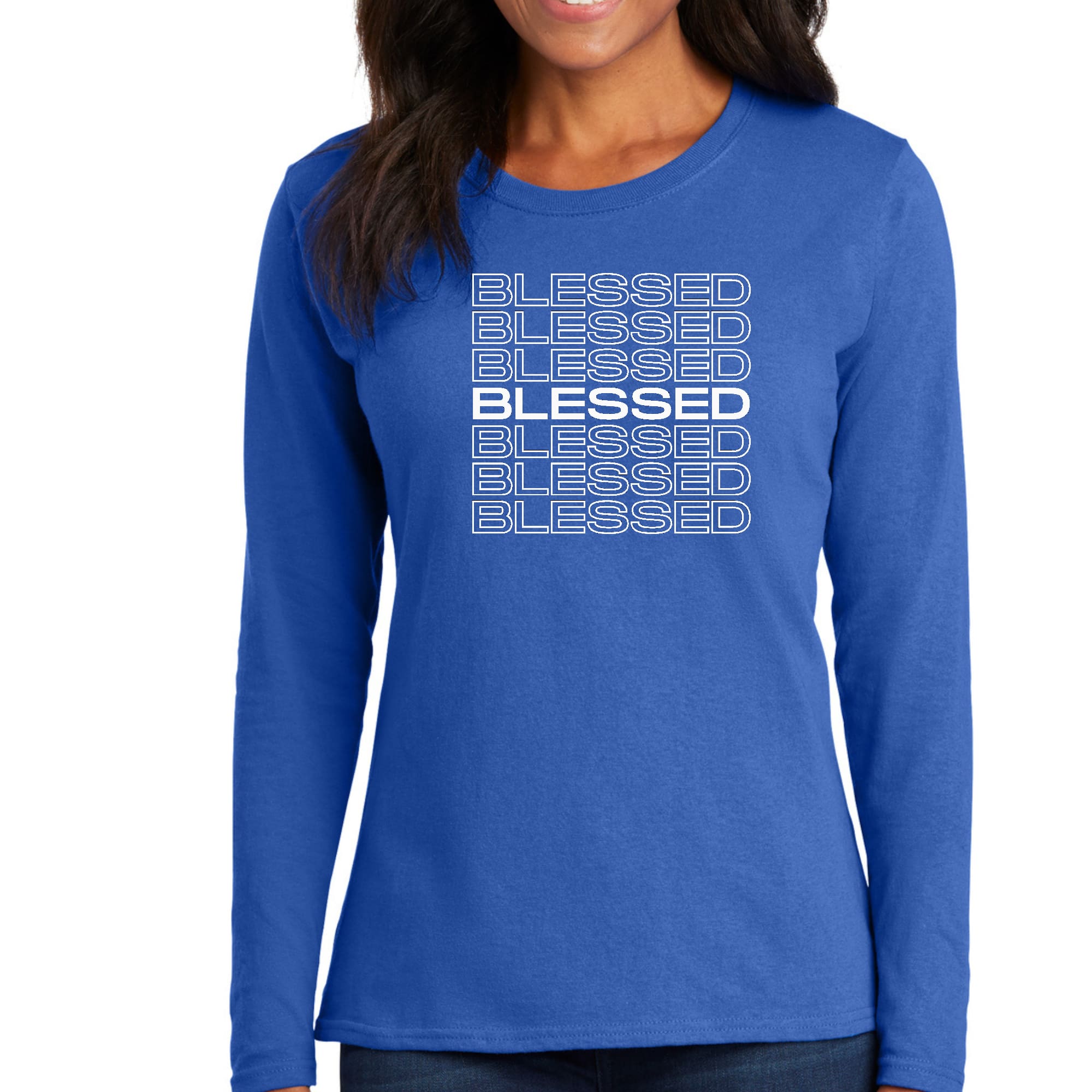 Womens Long Sleeve Graphic T-shirt featuring a Blessed Stacked Print, showcasing its soft fabric and stylish design.