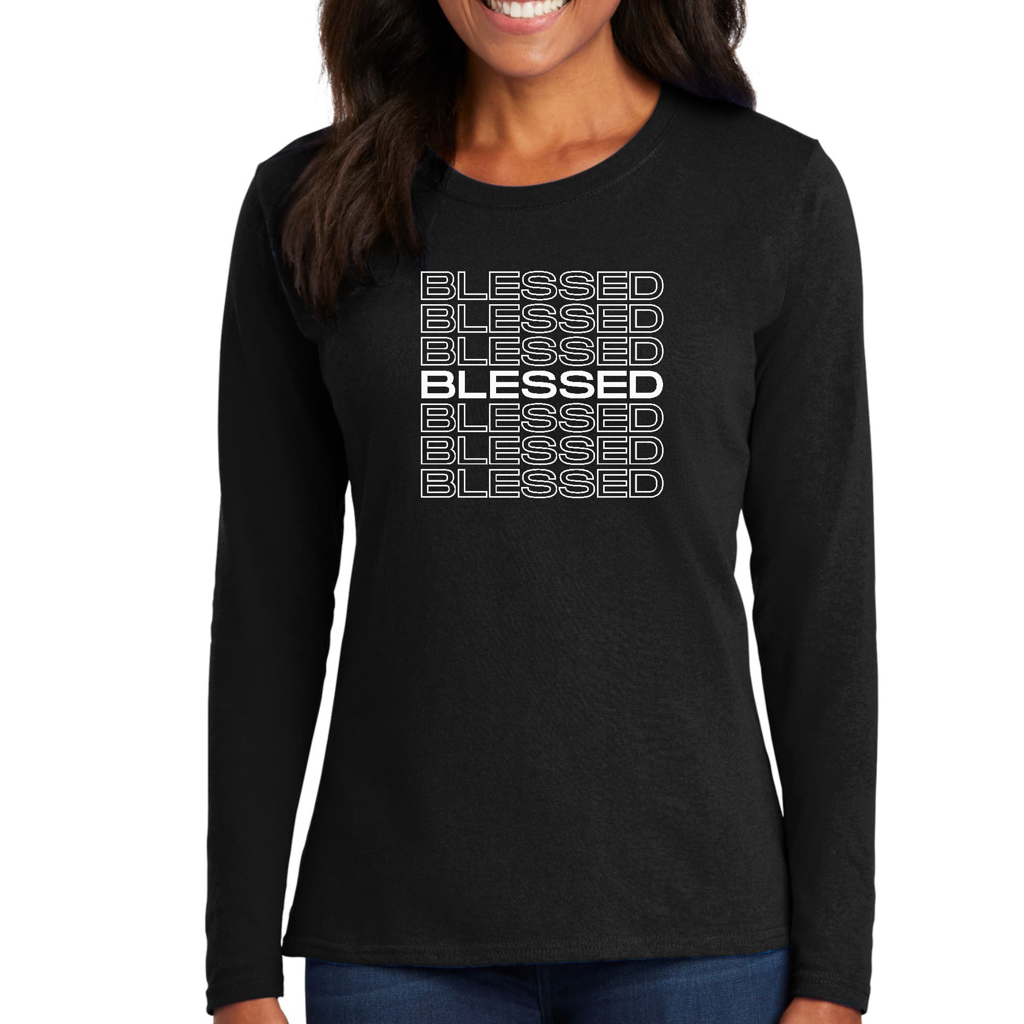 Womens Long Sleeve Graphic T-shirt featuring a Blessed Stacked Print, showcasing its soft fabric and stylish design.