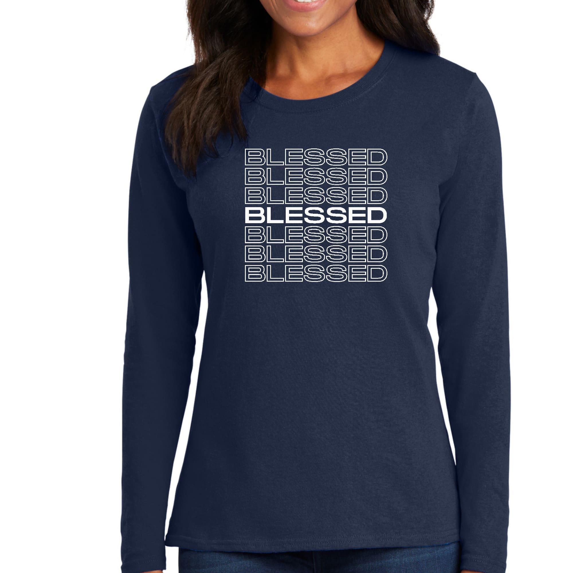 Womens Long Sleeve Graphic T-shirt featuring a Blessed Stacked Print, showcasing its soft fabric and stylish design.