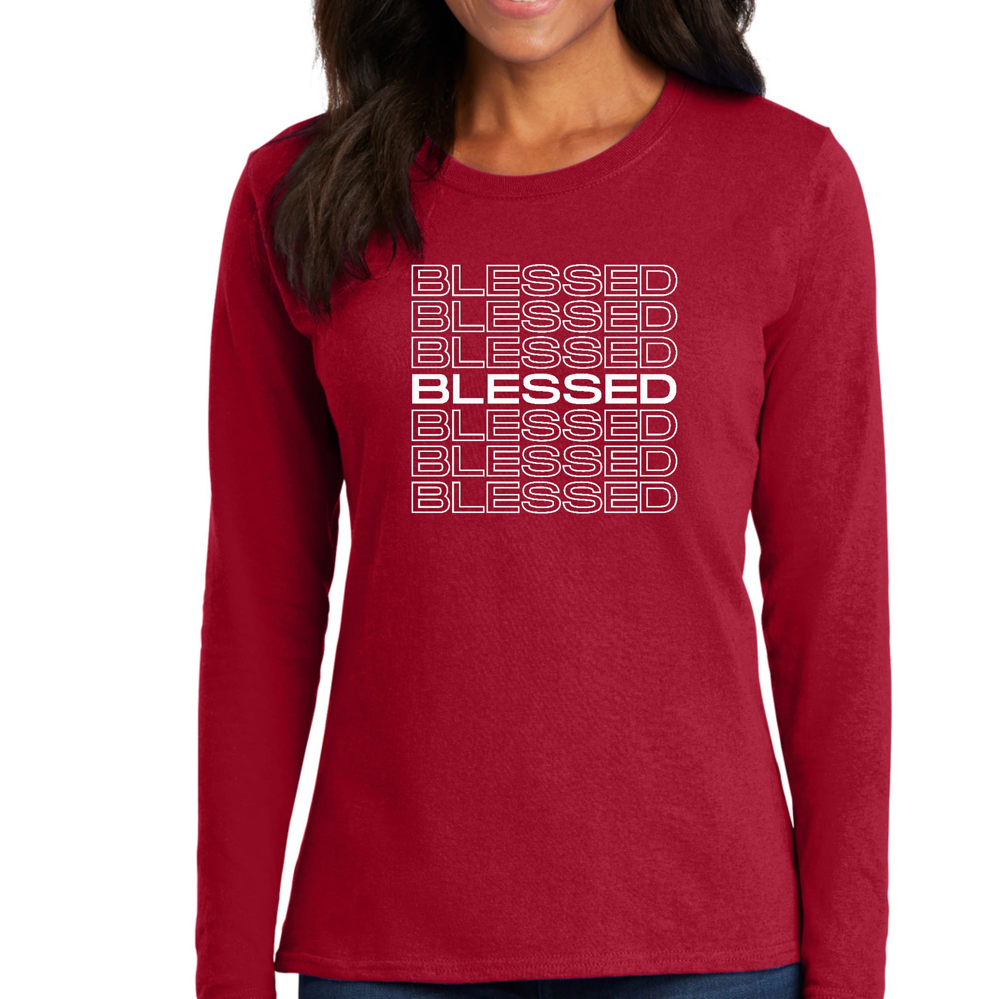 Womens Long Sleeve Graphic T-shirt featuring a Blessed Stacked Print, showcasing its soft fabric and stylish design.