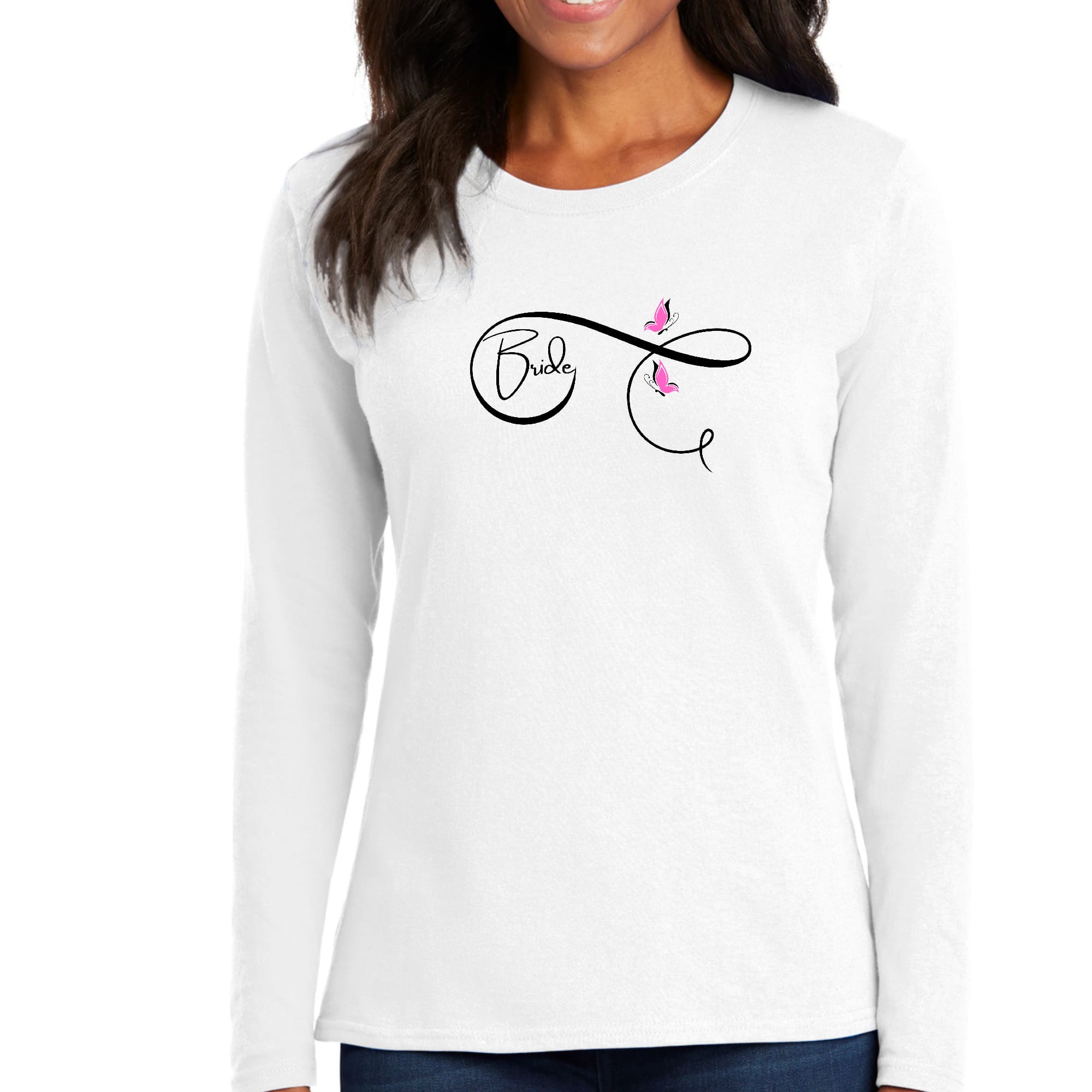 Women's Long Sleeve Graphic T-shirt in pink with bride butterfly illustration, showcasing stylish design and comfortable fit.