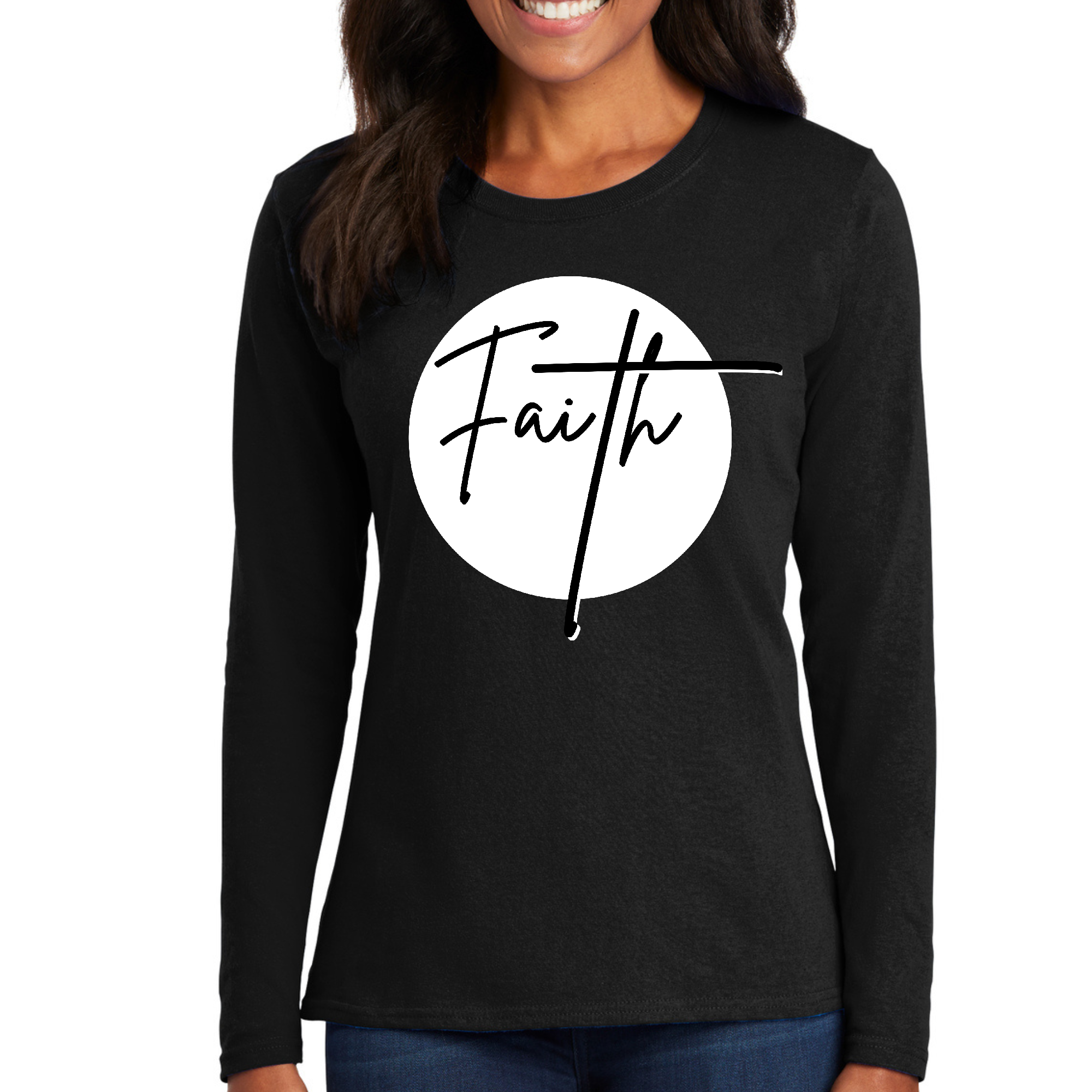 Women's Long Sleeve Graphic T-shirt featuring a Faith print in black and white, made from soft preshrunk cotton.