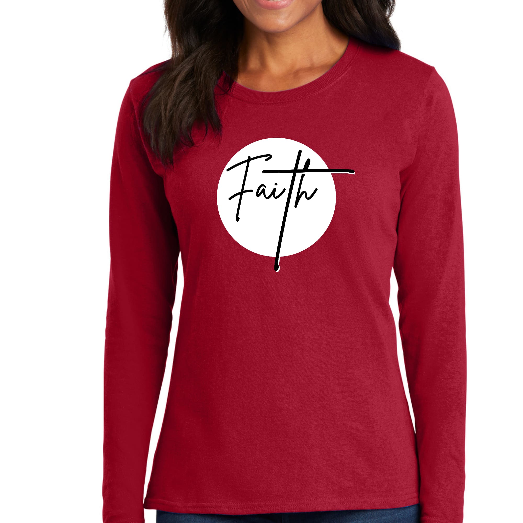 Women's Long Sleeve Graphic T-shirt featuring a Faith print in black and white, made from soft preshrunk cotton.