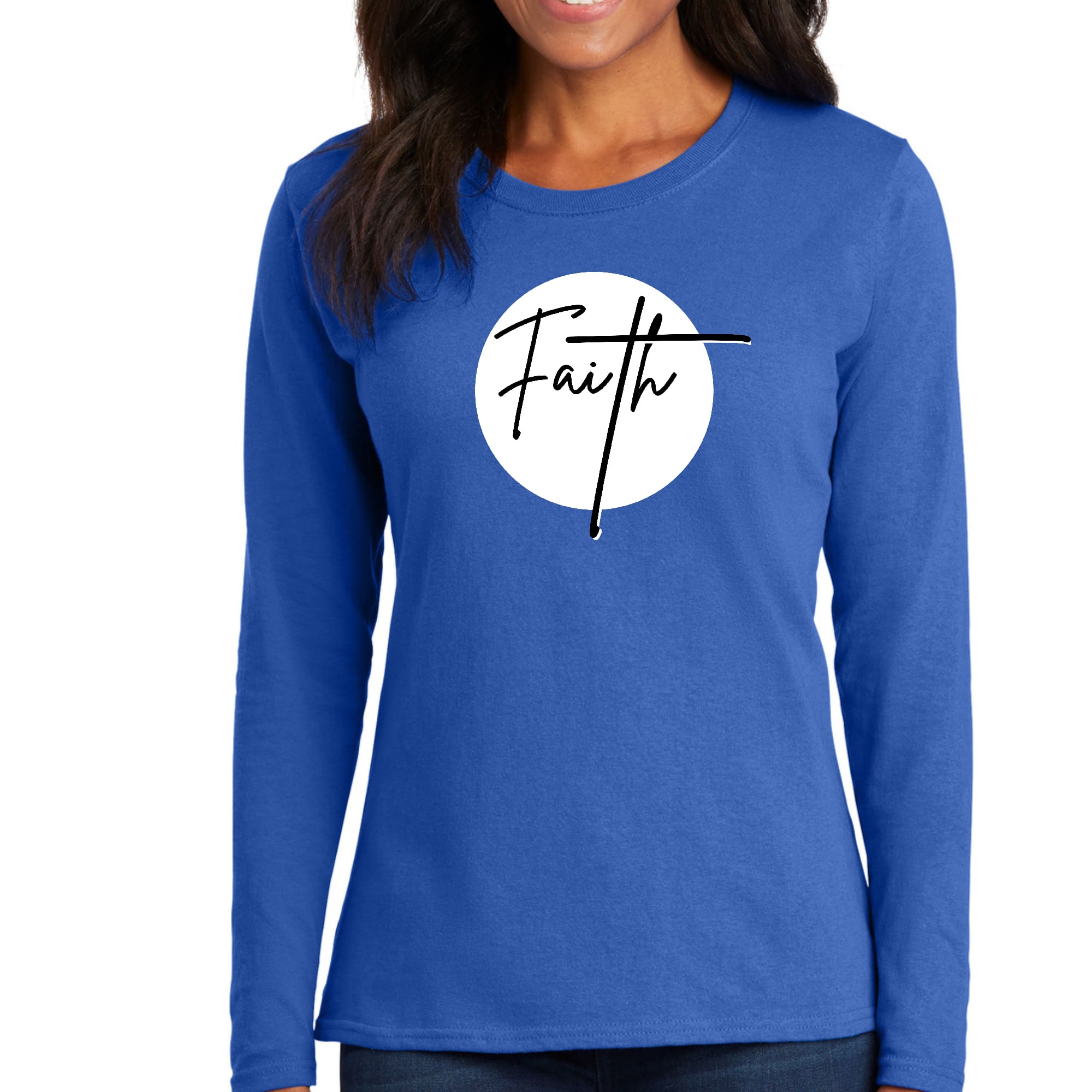 Women's Long Sleeve Graphic T-shirt featuring a Faith print in black and white, made from soft preshrunk cotton.