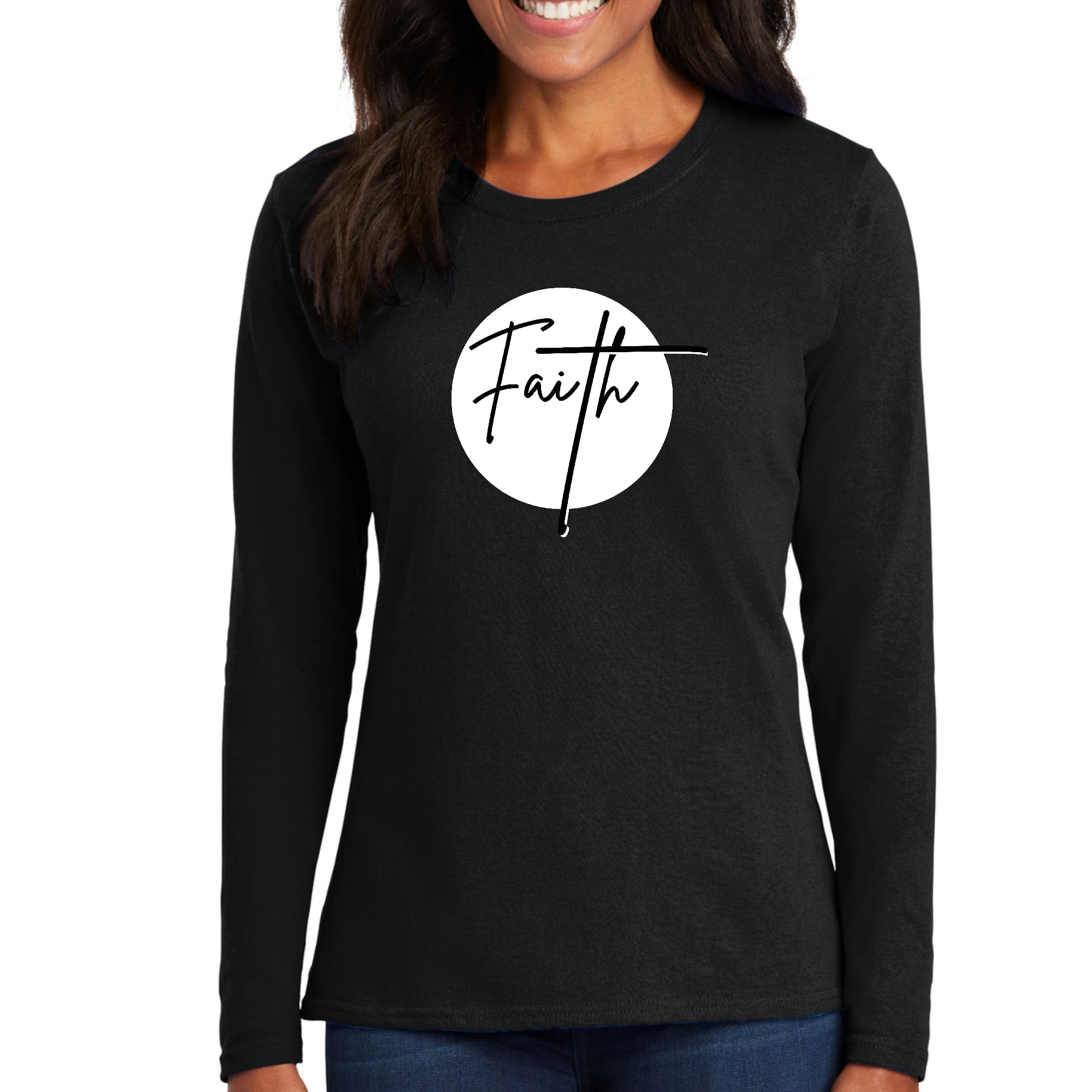 Women's Long Sleeve Graphic T-shirt featuring a Faith print in black and white, made from soft preshrunk cotton.