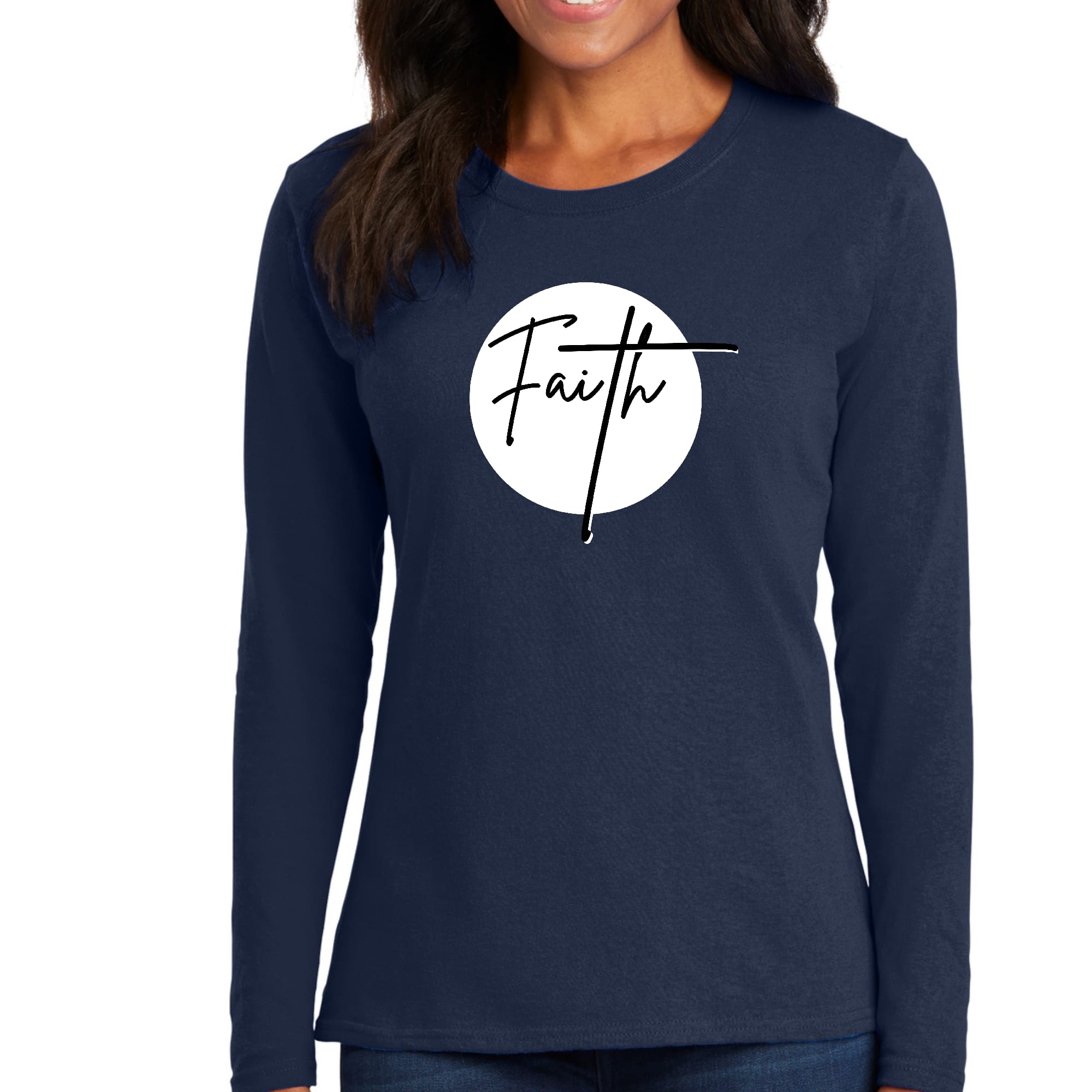 Women's Long Sleeve Graphic T-shirt featuring a Faith print in black and white, made from soft preshrunk cotton.