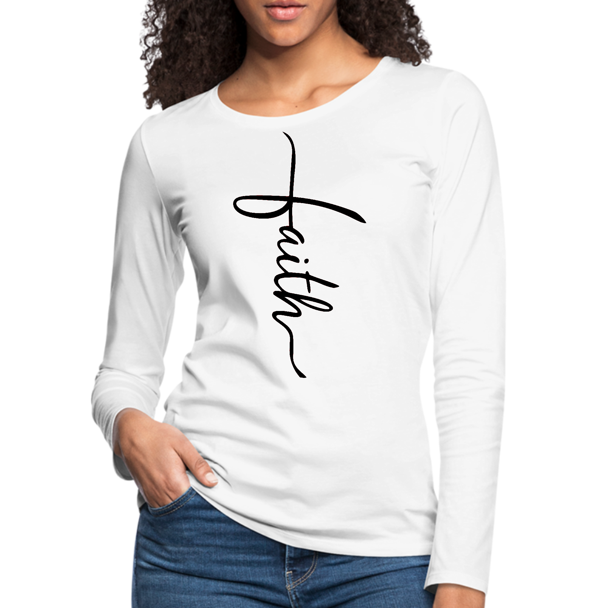 Women's Long Sleeve Graphic T-shirt in black featuring a Faith Script Cross design, showcasing its soft fabric and stylish look.