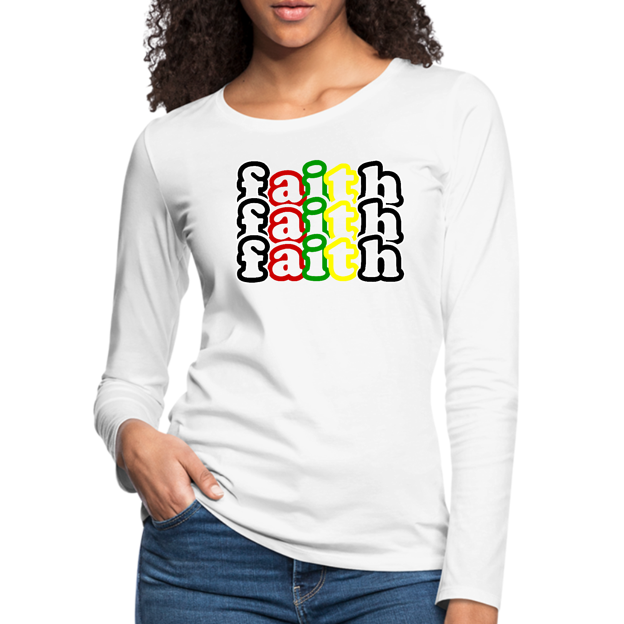 Women's Long Sleeve Graphic T-shirt in black featuring a colorful Faith Stack design, showcasing biblical inspiration and comfort.