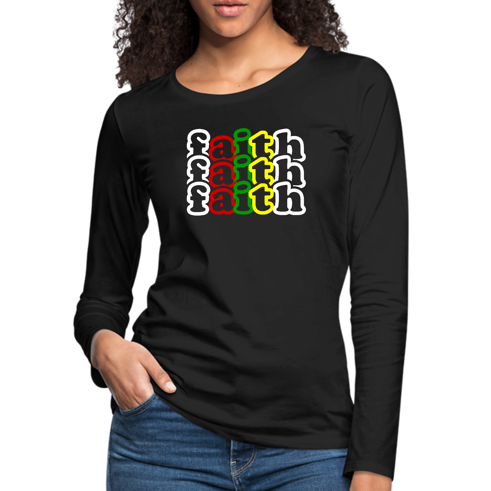 Women's Long Sleeve Graphic T-shirt featuring a colorful Faith Stack design, made from soft preshrunk cotton for comfort.