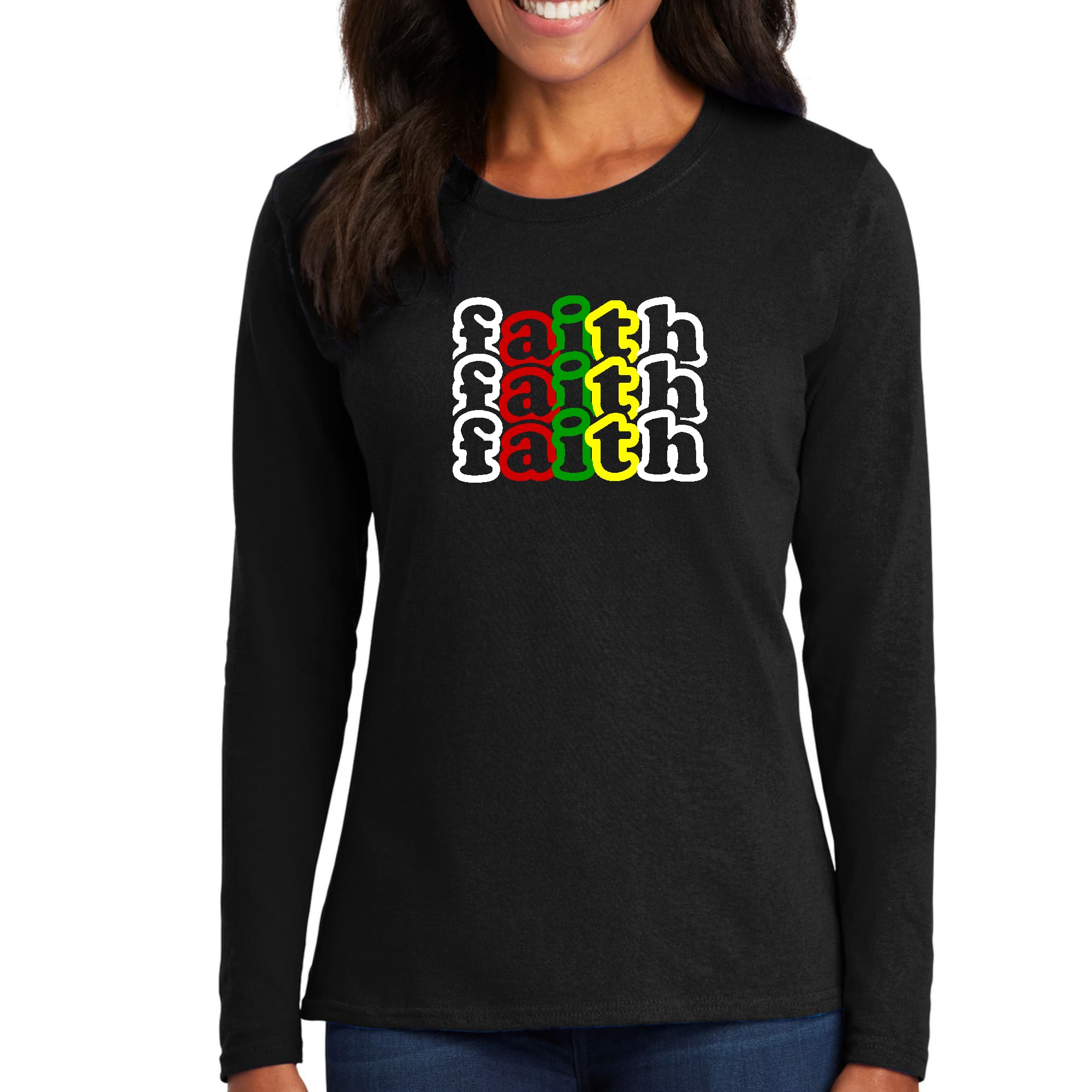 Women's Long Sleeve Graphic T-shirt featuring a colorful Faith Stack design, made from soft preshrunk cotton for comfort.