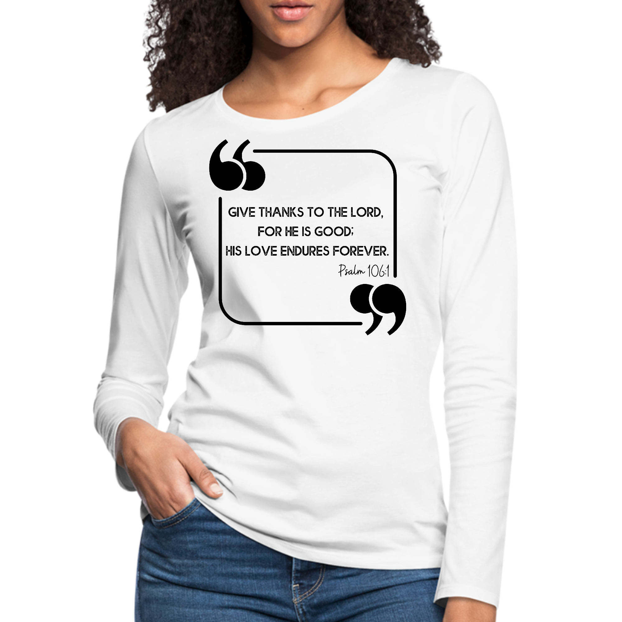 Women's long sleeve black graphic t-shirt with 'Give Thanks to the Lord' design, showcasing soft cotton fabric and durable stitching.