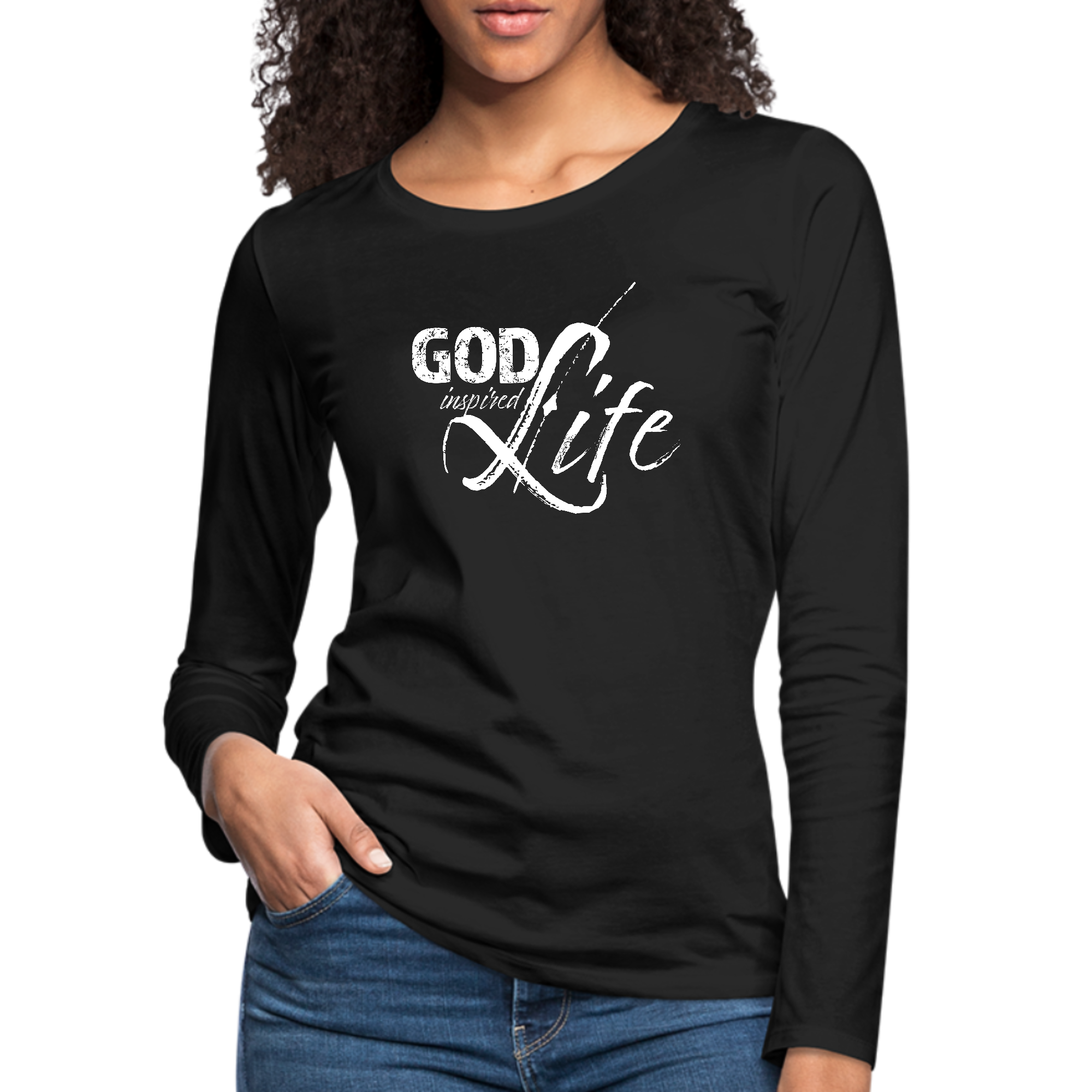 Women's Long Sleeve Graphic T-shirt featuring God Inspired Life quote, made from soft preshrunk cotton with a classic fit.