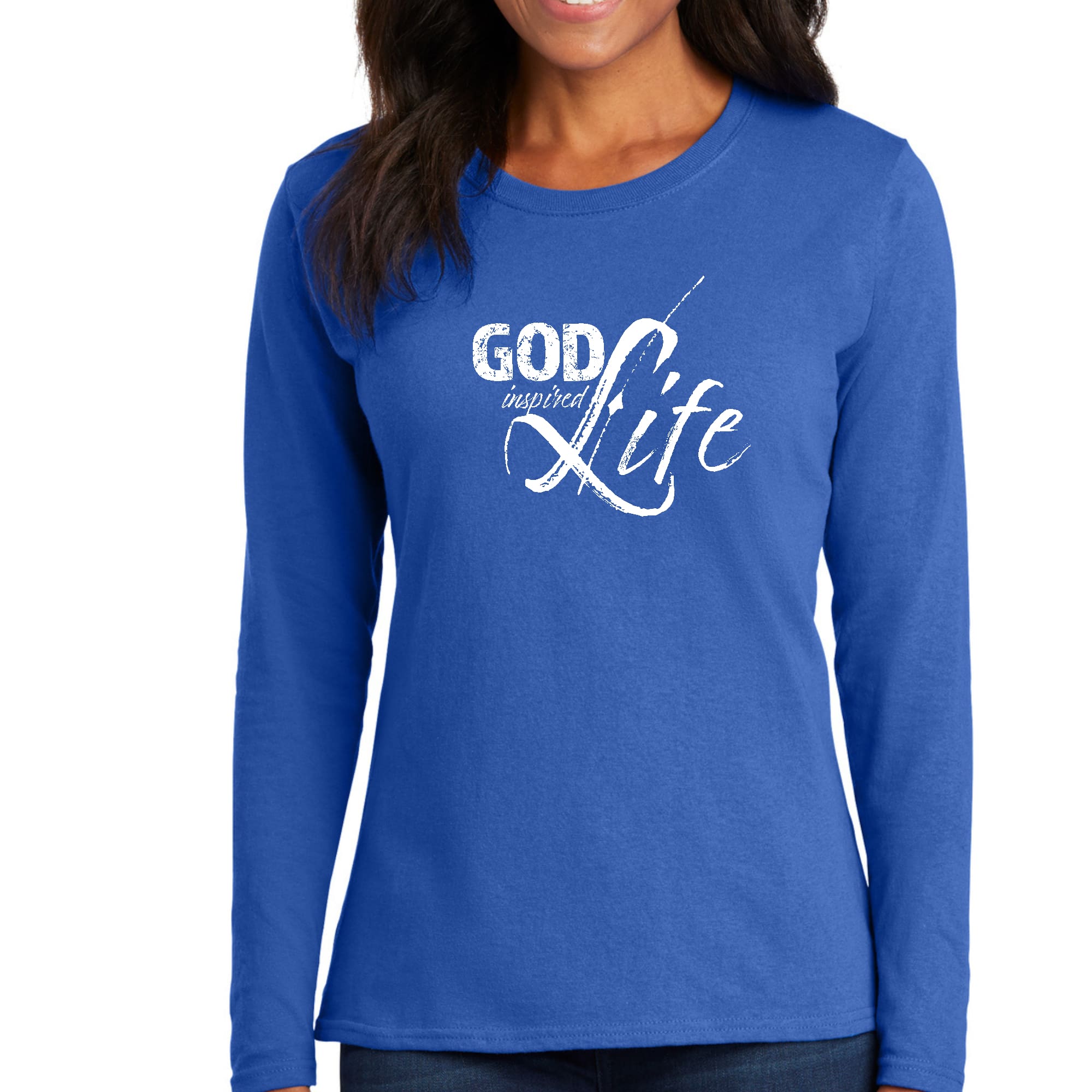 Women's Long Sleeve Graphic T-shirt featuring God Inspired Life quote, made from soft preshrunk cotton with a classic fit.