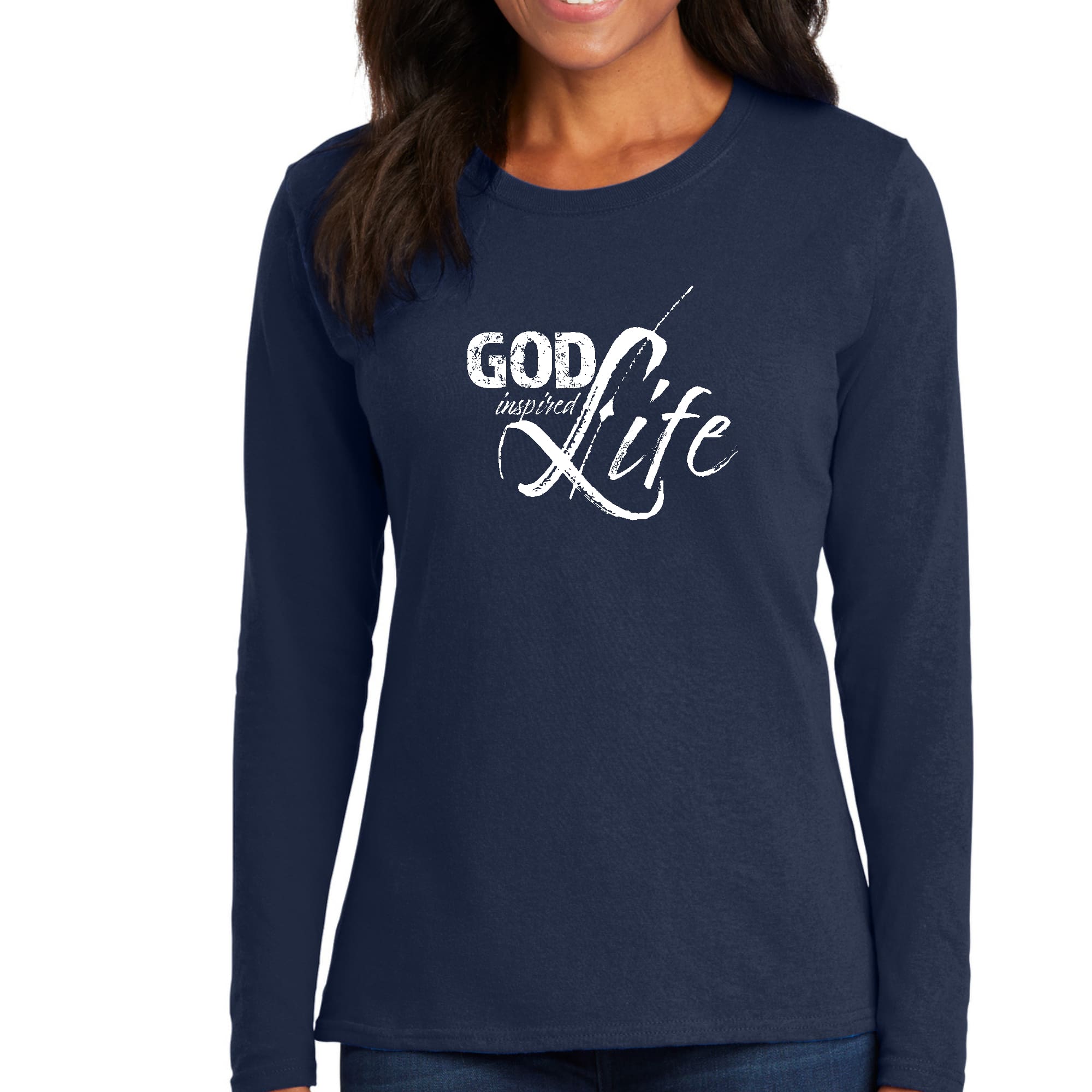 Women's Long Sleeve Graphic T-shirt featuring God Inspired Life quote, made from soft preshrunk cotton with a classic fit.