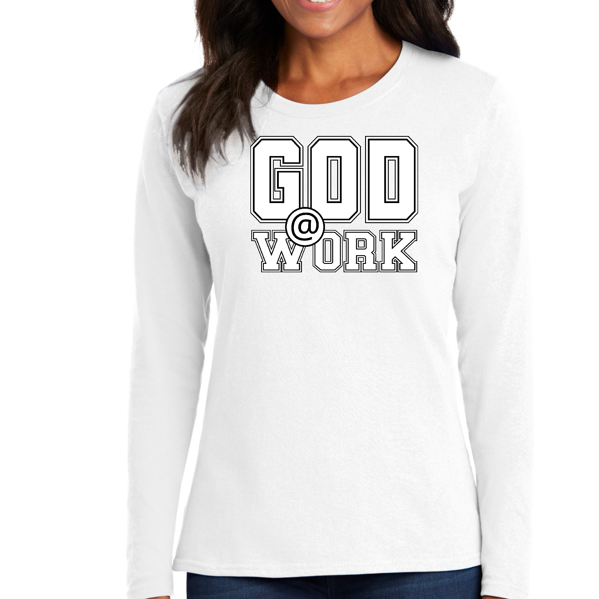 Womens Long Sleeve Graphic T-shirt featuring God @ Work print in white and black, showcasing its stylish design and comfortable fit.