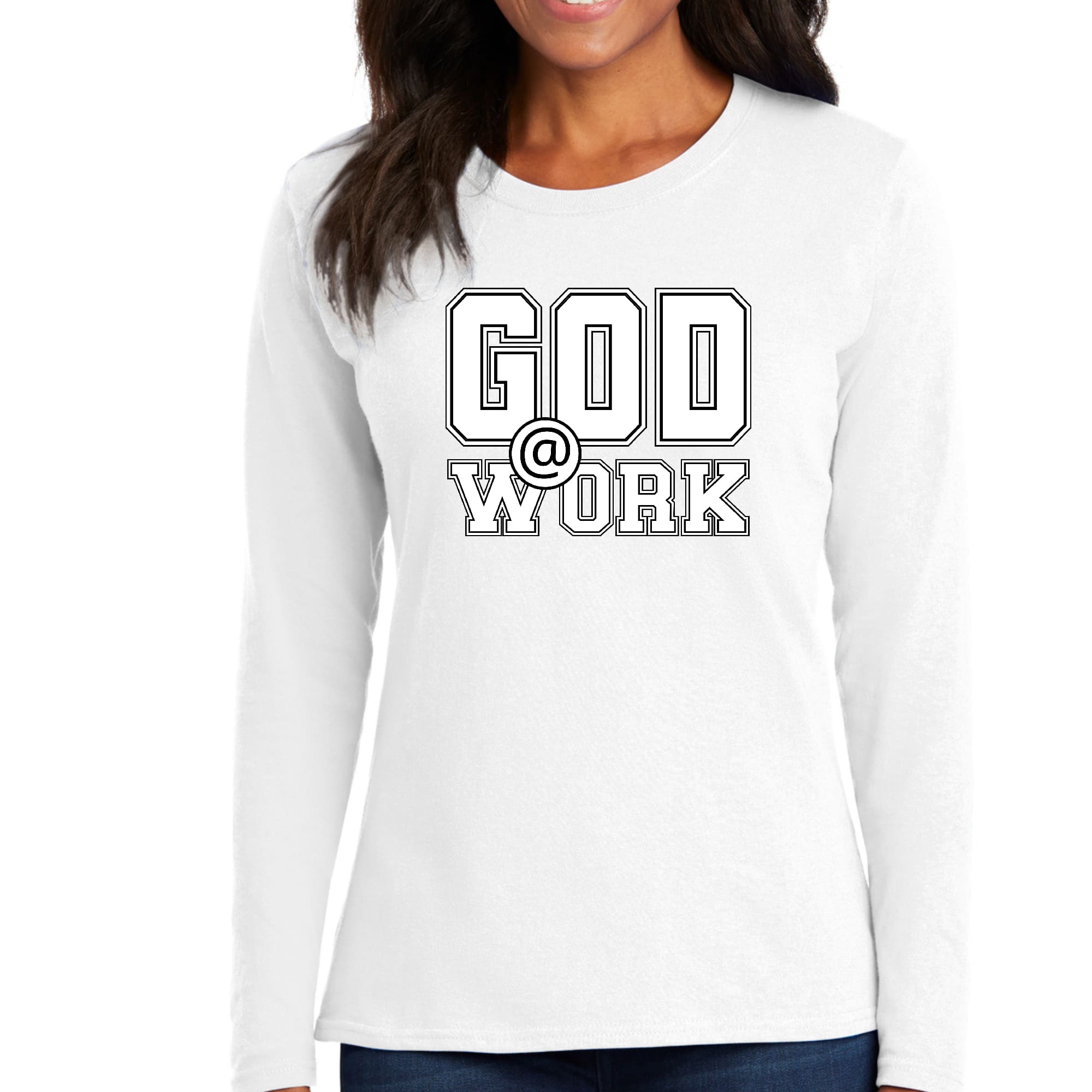 Womens Long Sleeve Graphic T-shirt featuring God @ Work print in white and black, showcasing its stylish design and comfortable fit.