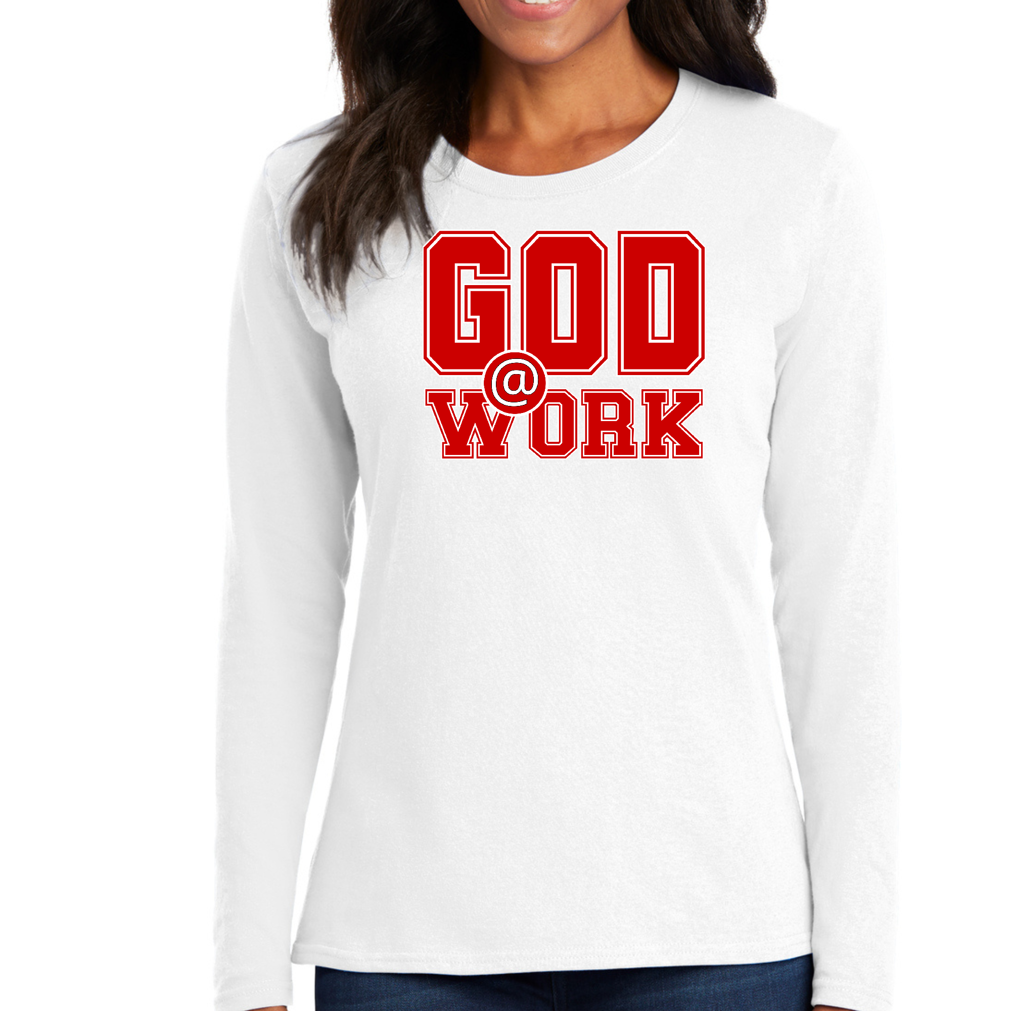 Womens Long Sleeve Graphic T-shirt featuring God @ Work print in red and white, showcasing a stylish design suitable for all seasons.