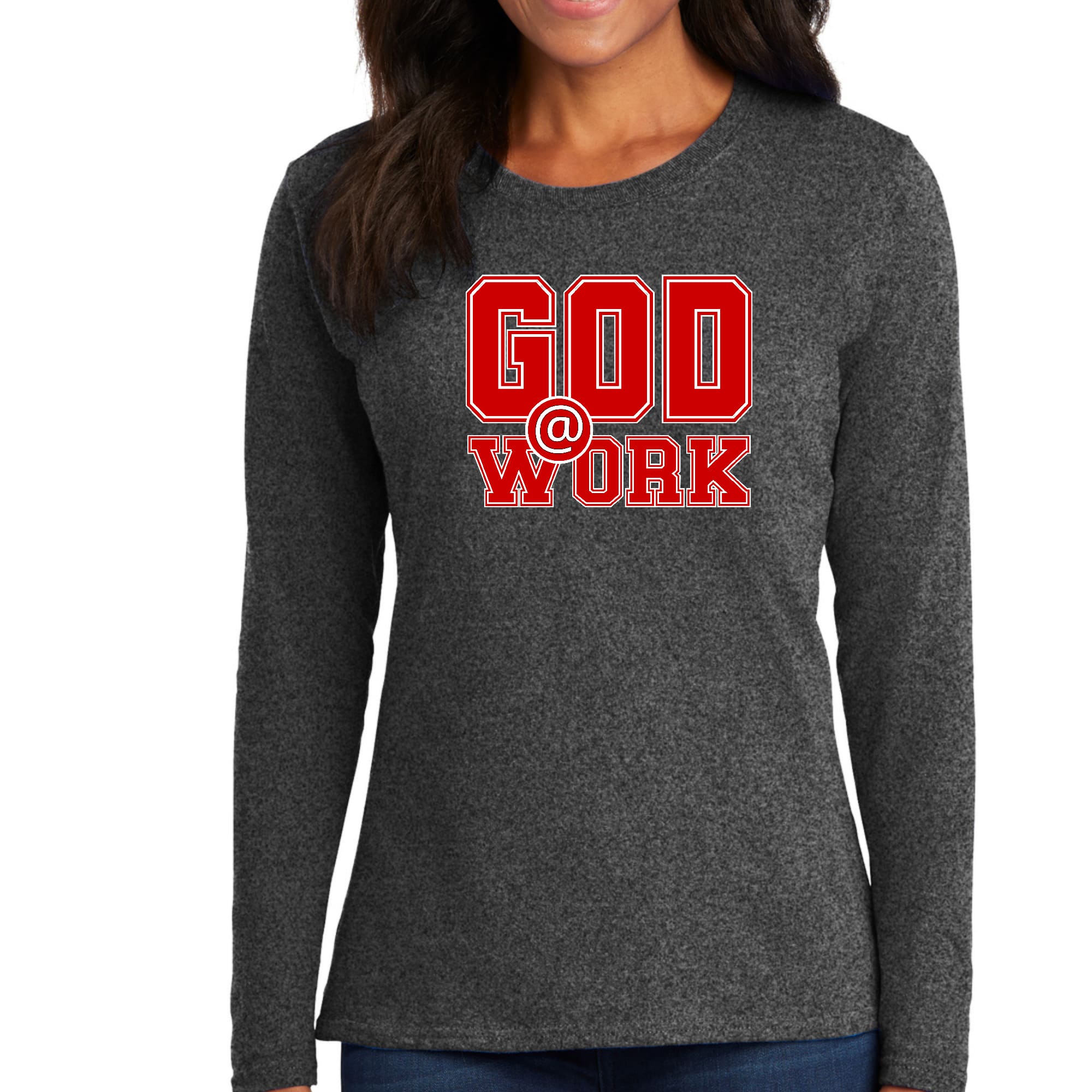 Womens Long Sleeve Graphic T-shirt featuring God @ Work print in red and white, showcasing a stylish design suitable for all seasons.