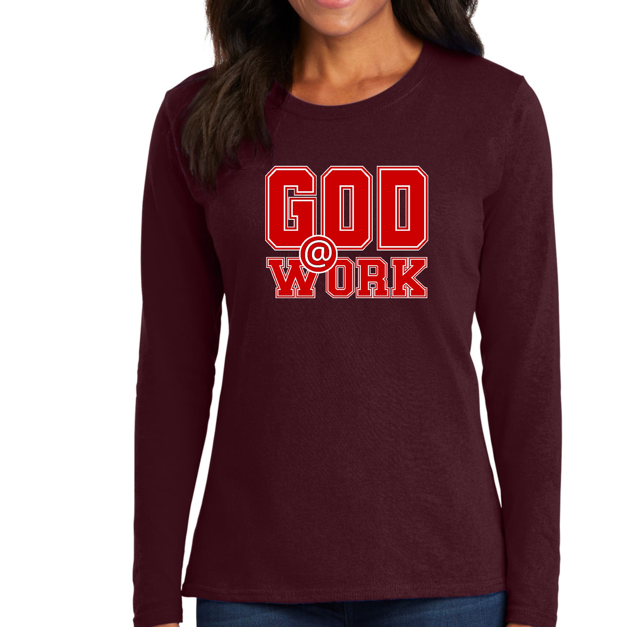 Womens Long Sleeve Graphic T-shirt featuring God @ Work print in red and white, showcasing a stylish design suitable for all seasons.