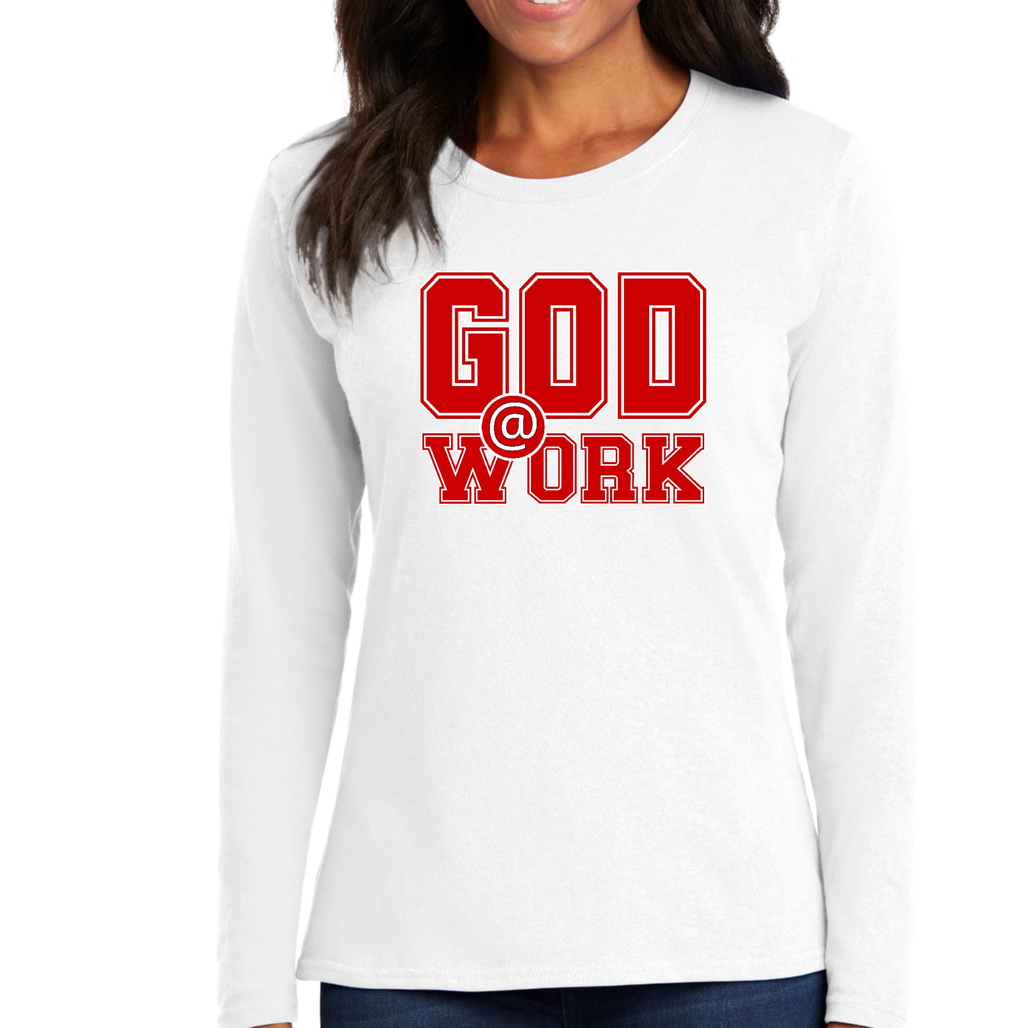 Womens Long Sleeve Graphic T-shirt featuring God @ Work print in red and white, showcasing a stylish design suitable for all seasons.