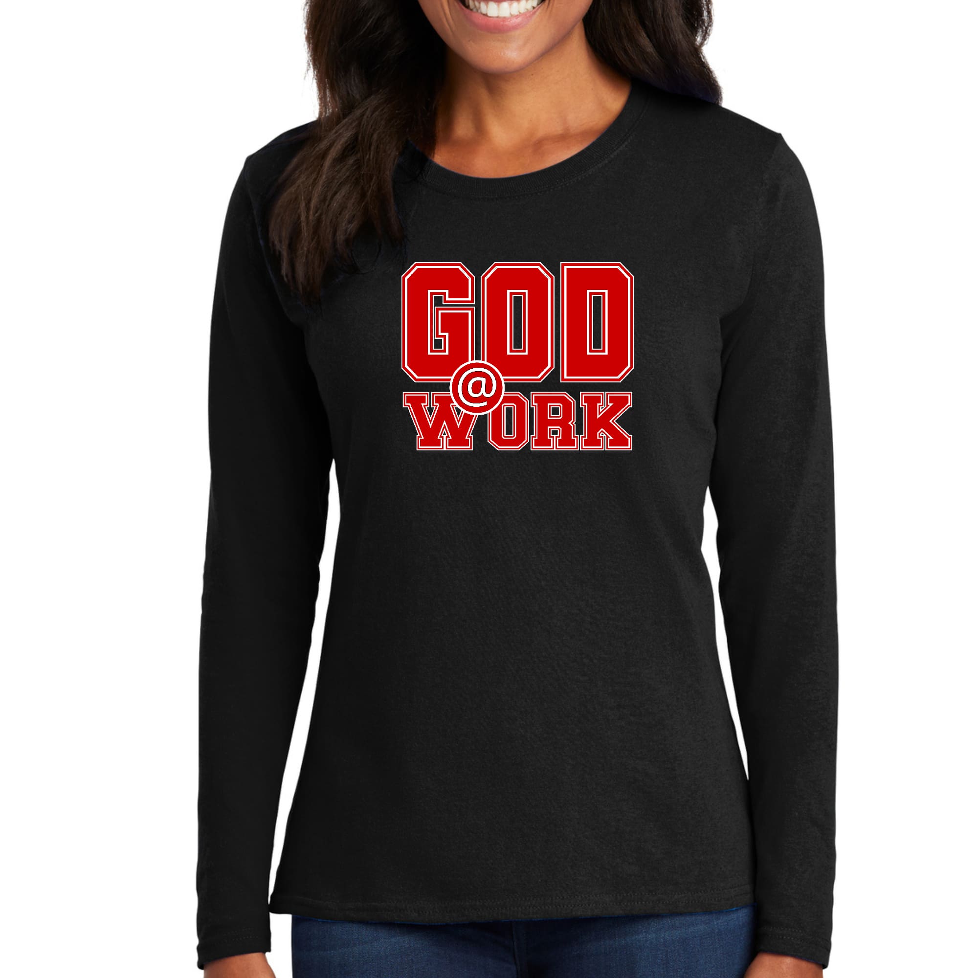 Womens Long Sleeve Graphic T-shirt featuring God @ Work print in red and white, showcasing a stylish design suitable for all seasons.