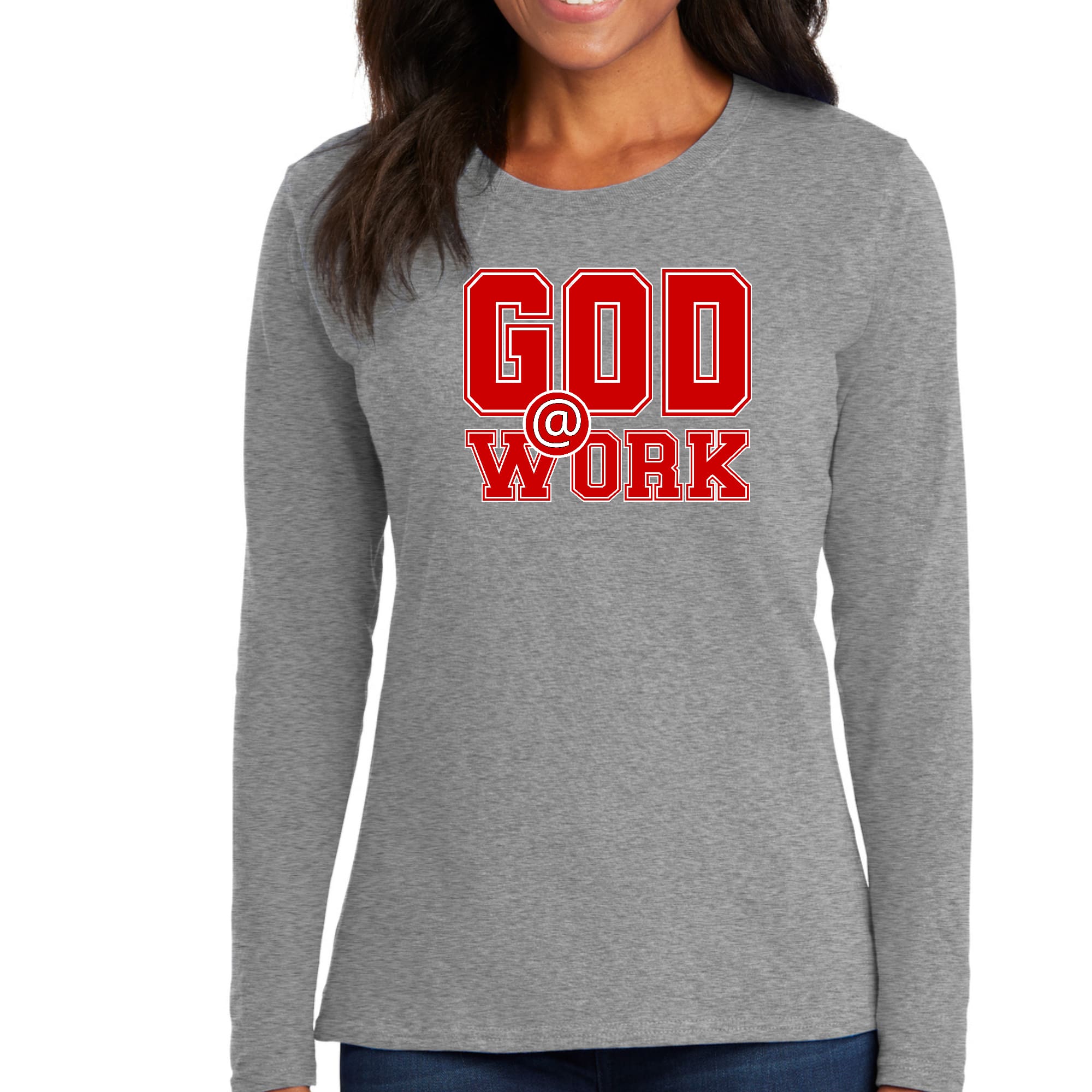 Womens Long Sleeve Graphic T-shirt featuring God @ Work print in red and white, showcasing a stylish design suitable for all seasons.