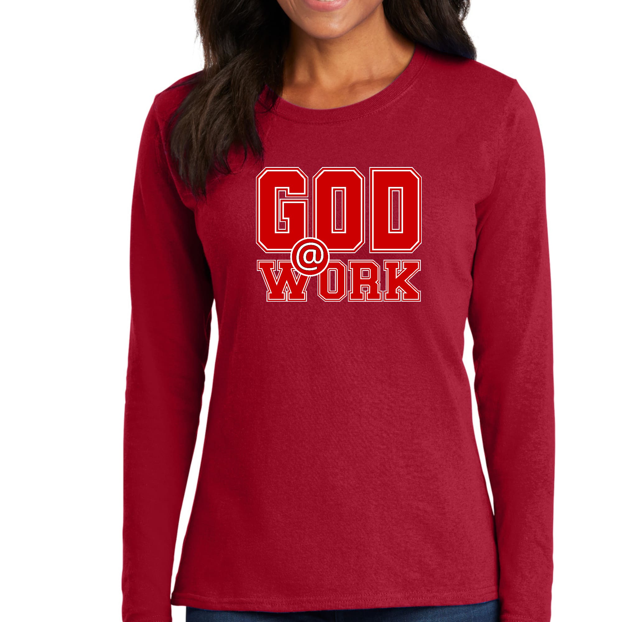 Womens Long Sleeve Graphic T-shirt featuring God @ Work print in red and white, showcasing a stylish design suitable for all seasons.