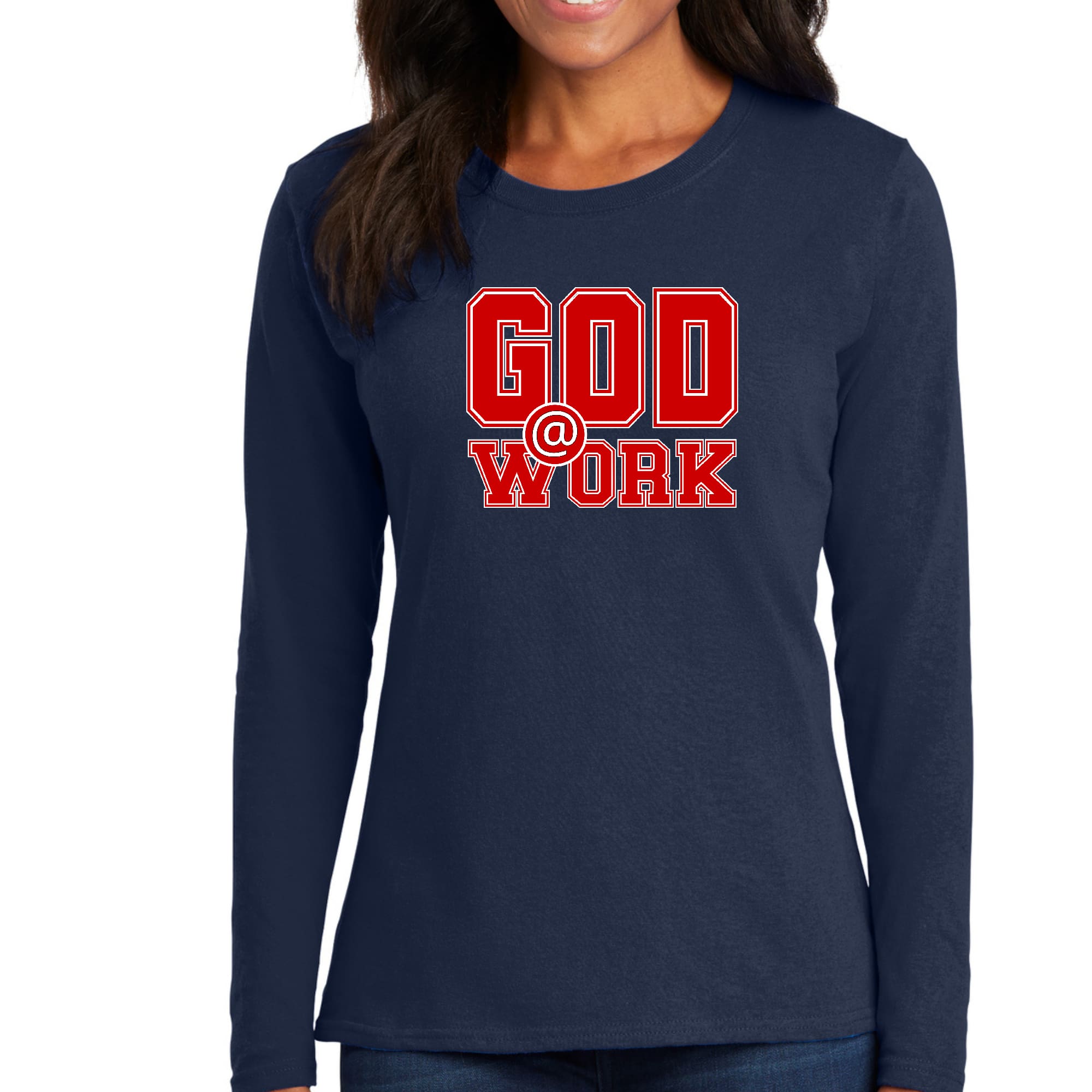 Womens Long Sleeve Graphic T-shirt featuring God @ Work print in red and white, showcasing a stylish design suitable for all seasons.