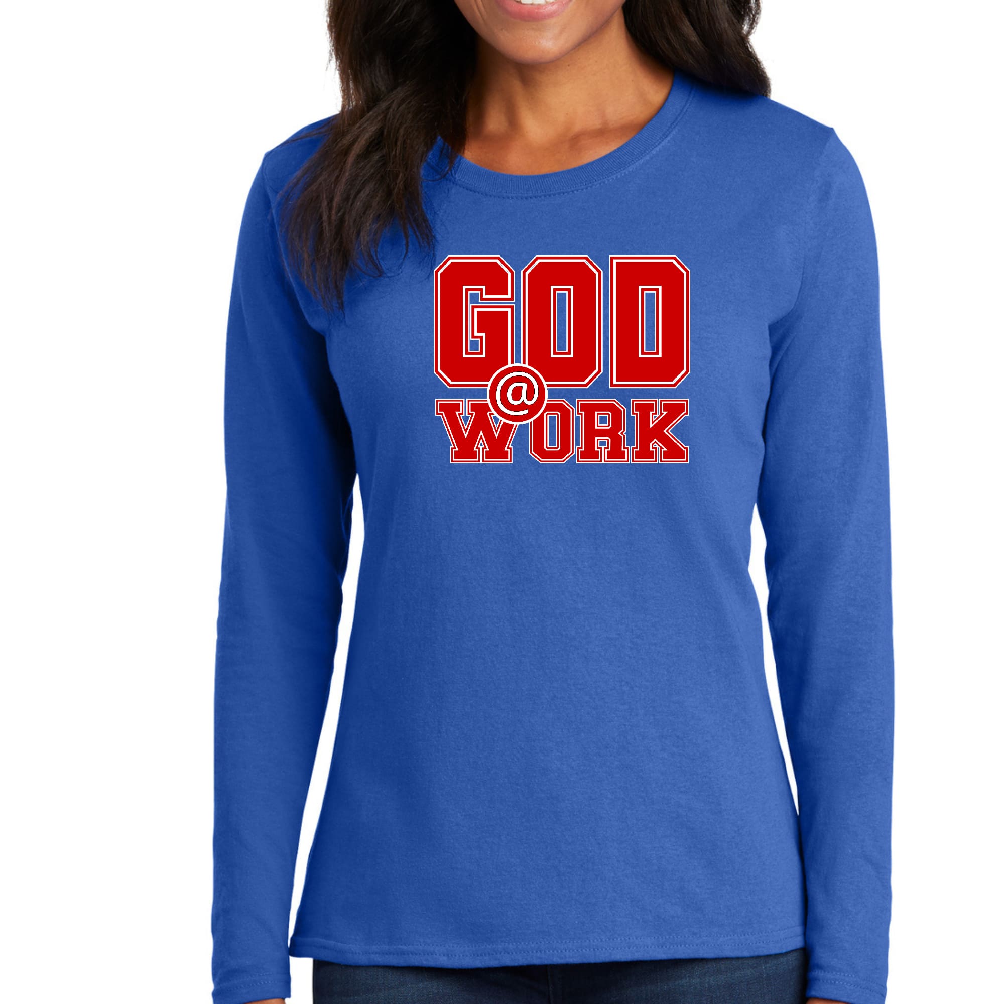 Womens Long Sleeve Graphic T-shirt featuring God @ Work print in red and white, showcasing a stylish design suitable for all seasons.