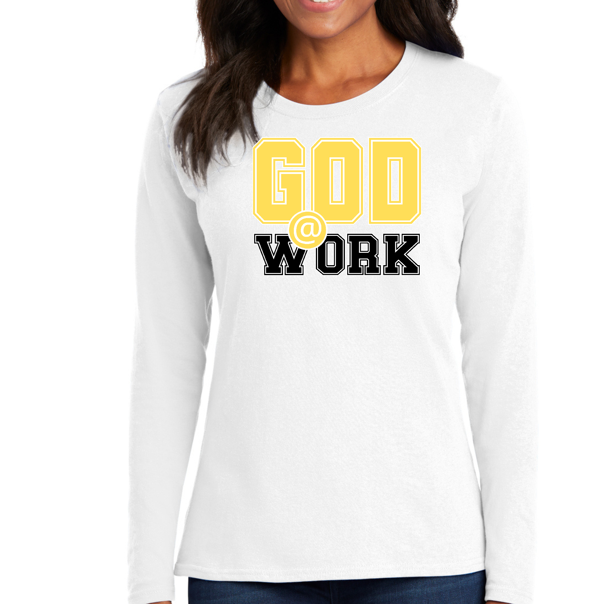 Womens Long Sleeve Graphic T-shirt in yellow and black with God @ Work print, showcasing stylish design and comfortable fit.