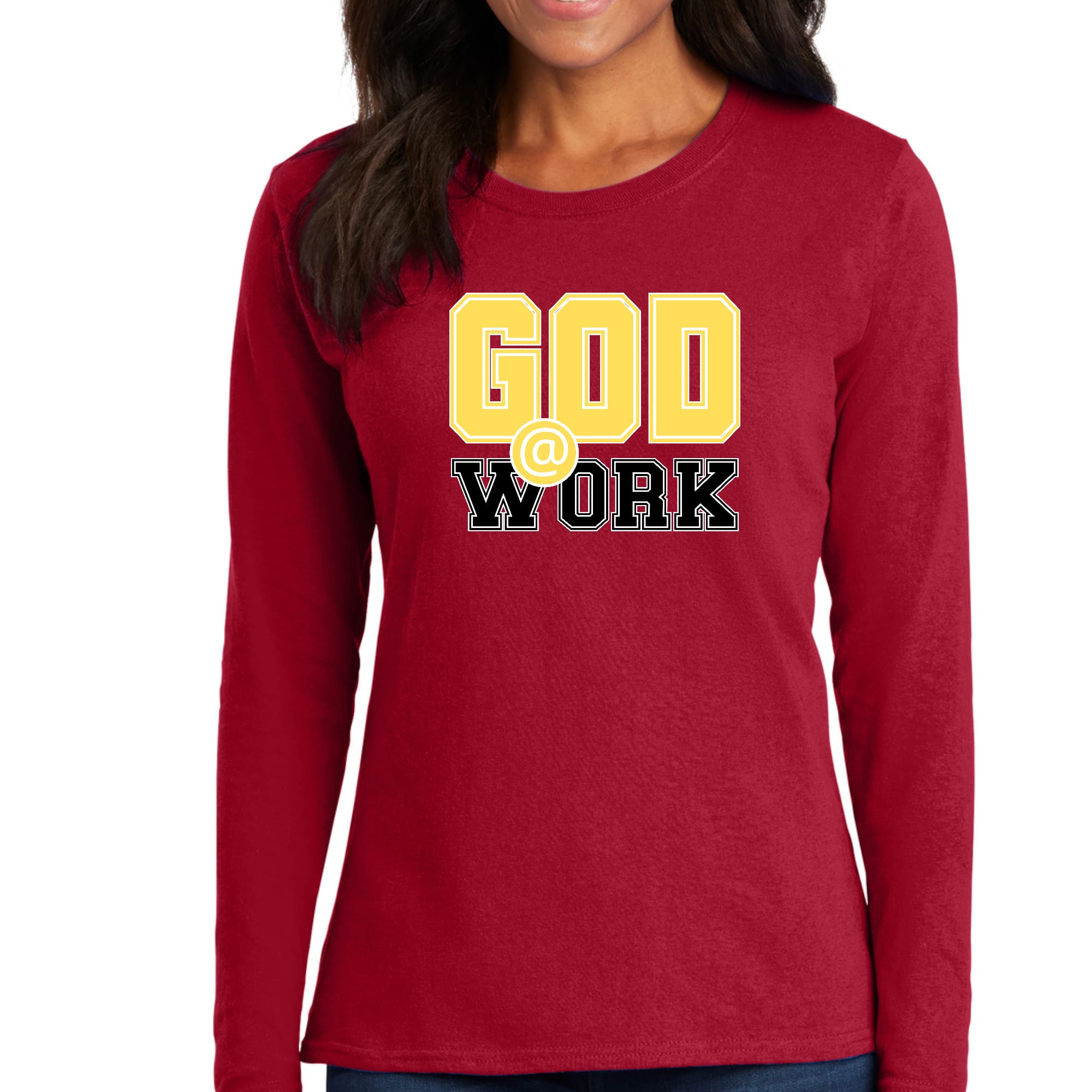 Womens Long Sleeve Graphic T-shirt in yellow and black with God @ Work print, showcasing stylish design and comfortable fit.