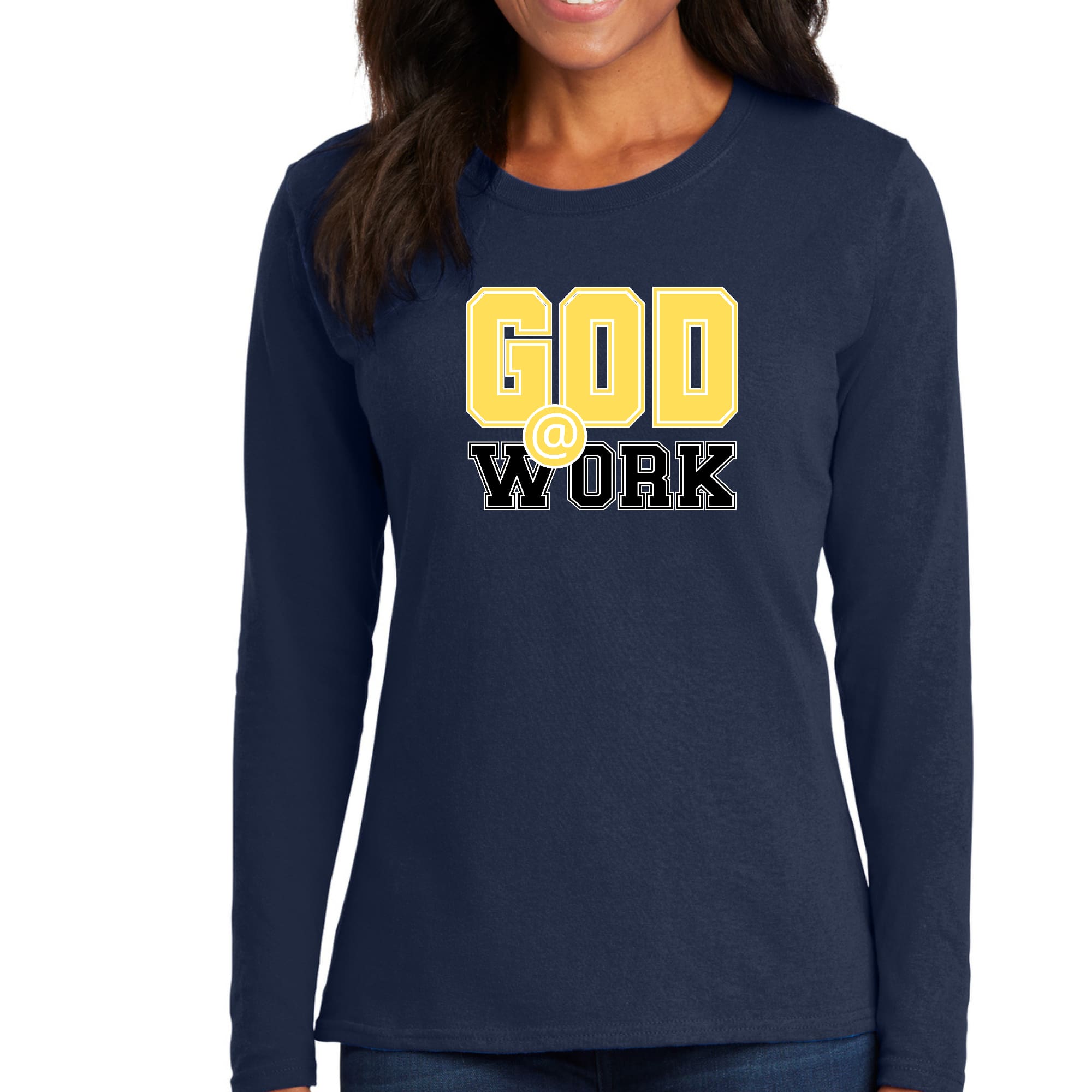 Womens Long Sleeve Graphic T-shirt in yellow and black with God @ Work print, showcasing stylish design and comfortable fit.