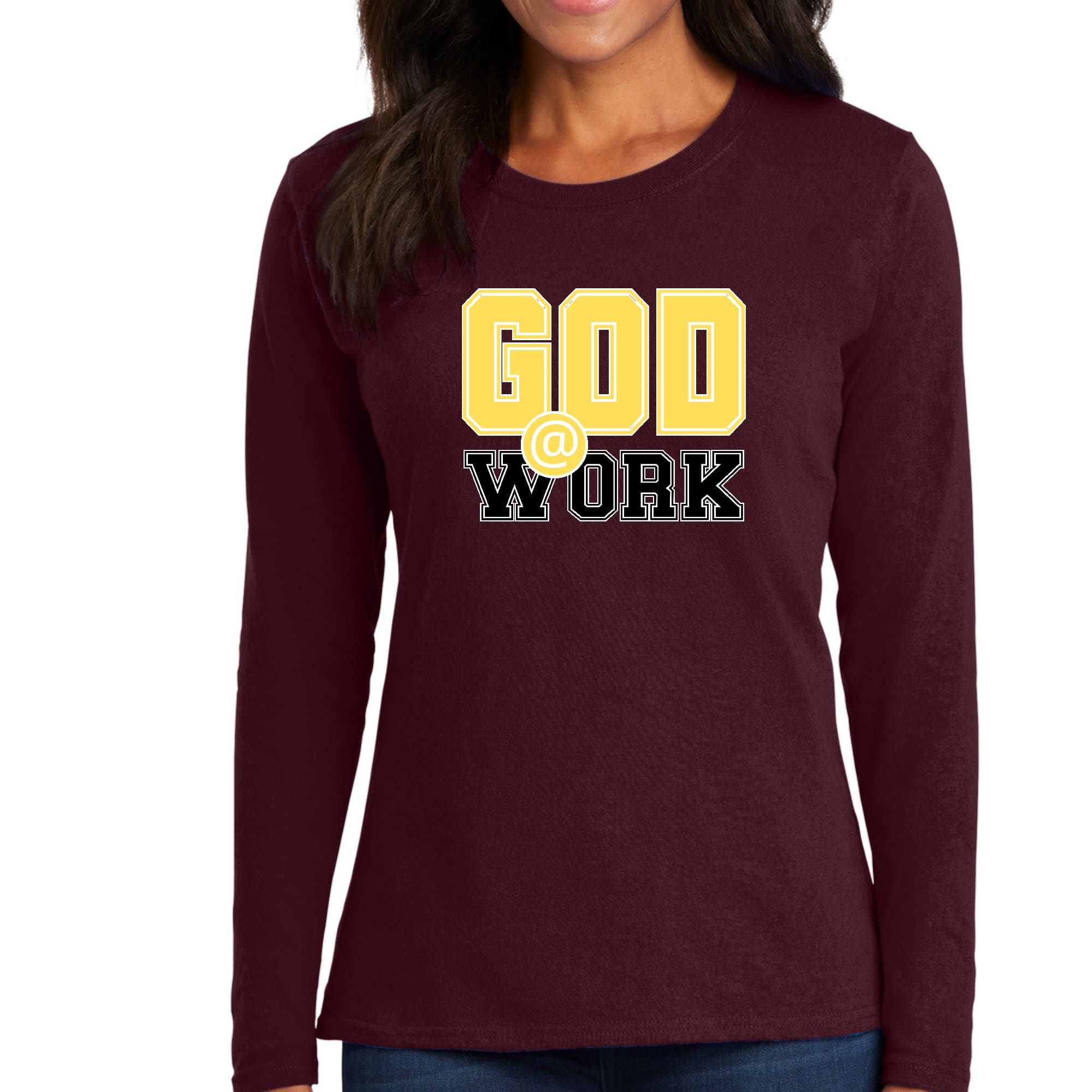 Womens Long Sleeve Graphic T-shirt in yellow and black with God @ Work print, showcasing stylish design and comfortable fit.