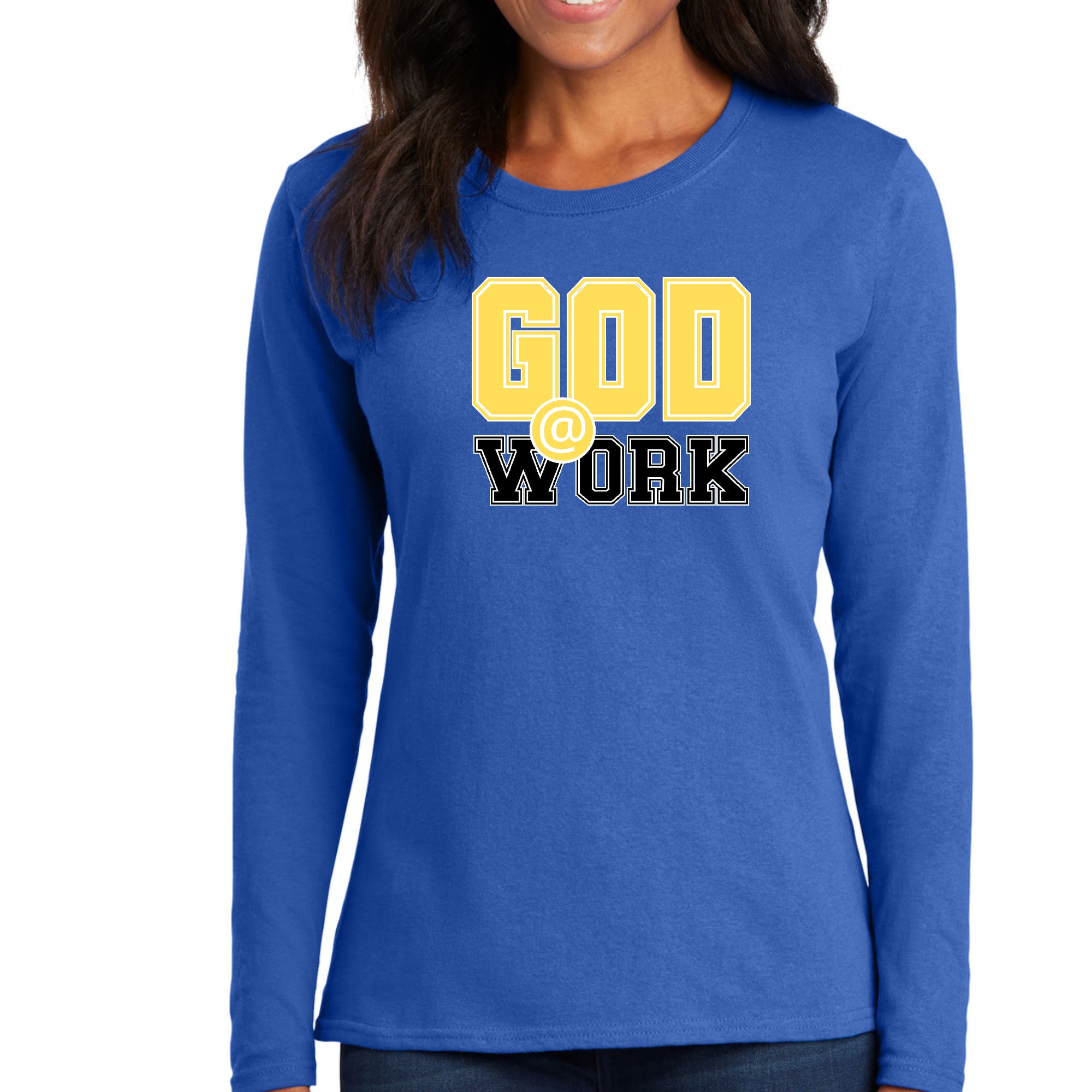 Womens Long Sleeve Graphic T-shirt in yellow and black with God @ Work print, showcasing stylish design and comfortable fit.