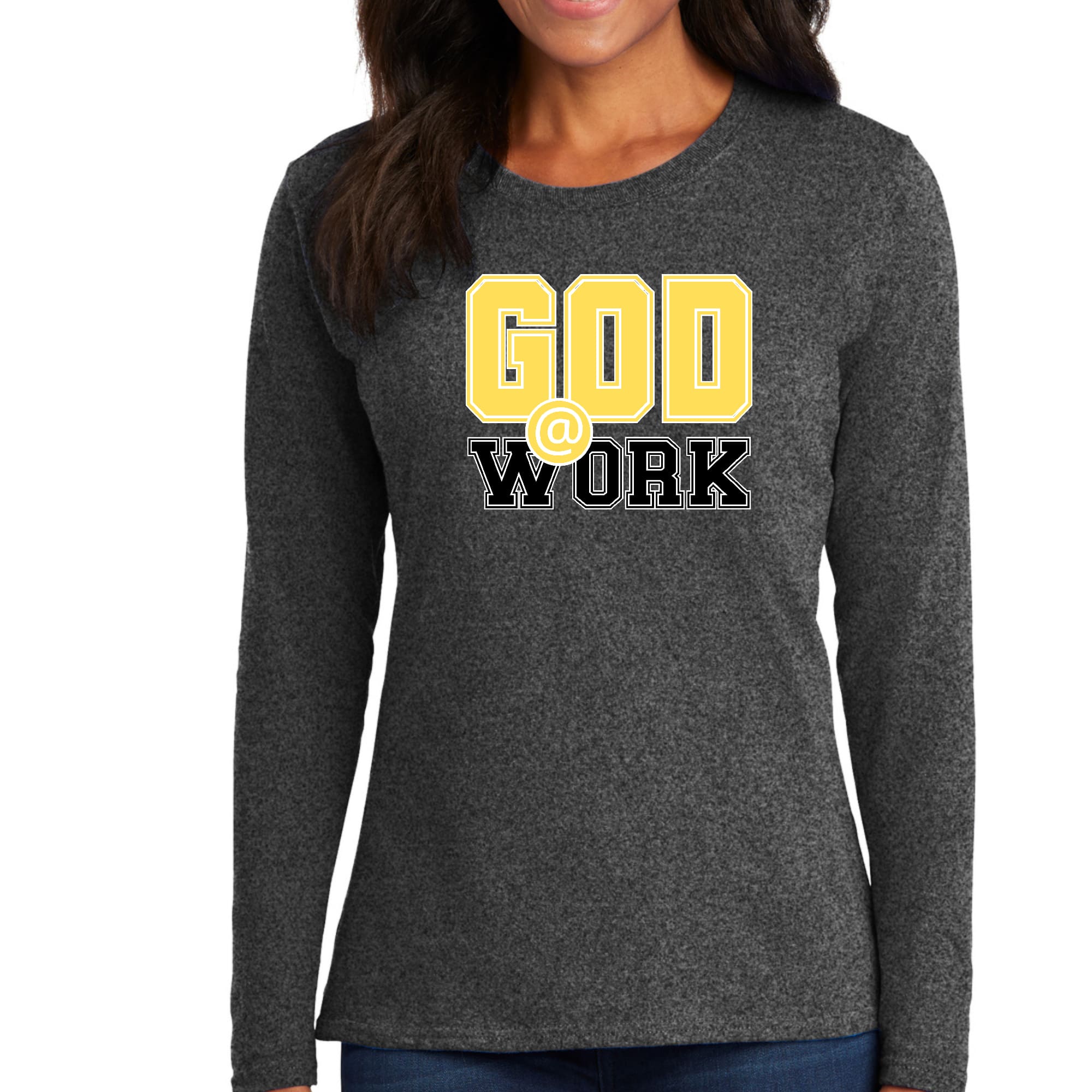 Womens Long Sleeve Graphic T-shirt in yellow and black with God @ Work print, showcasing stylish design and comfortable fit.