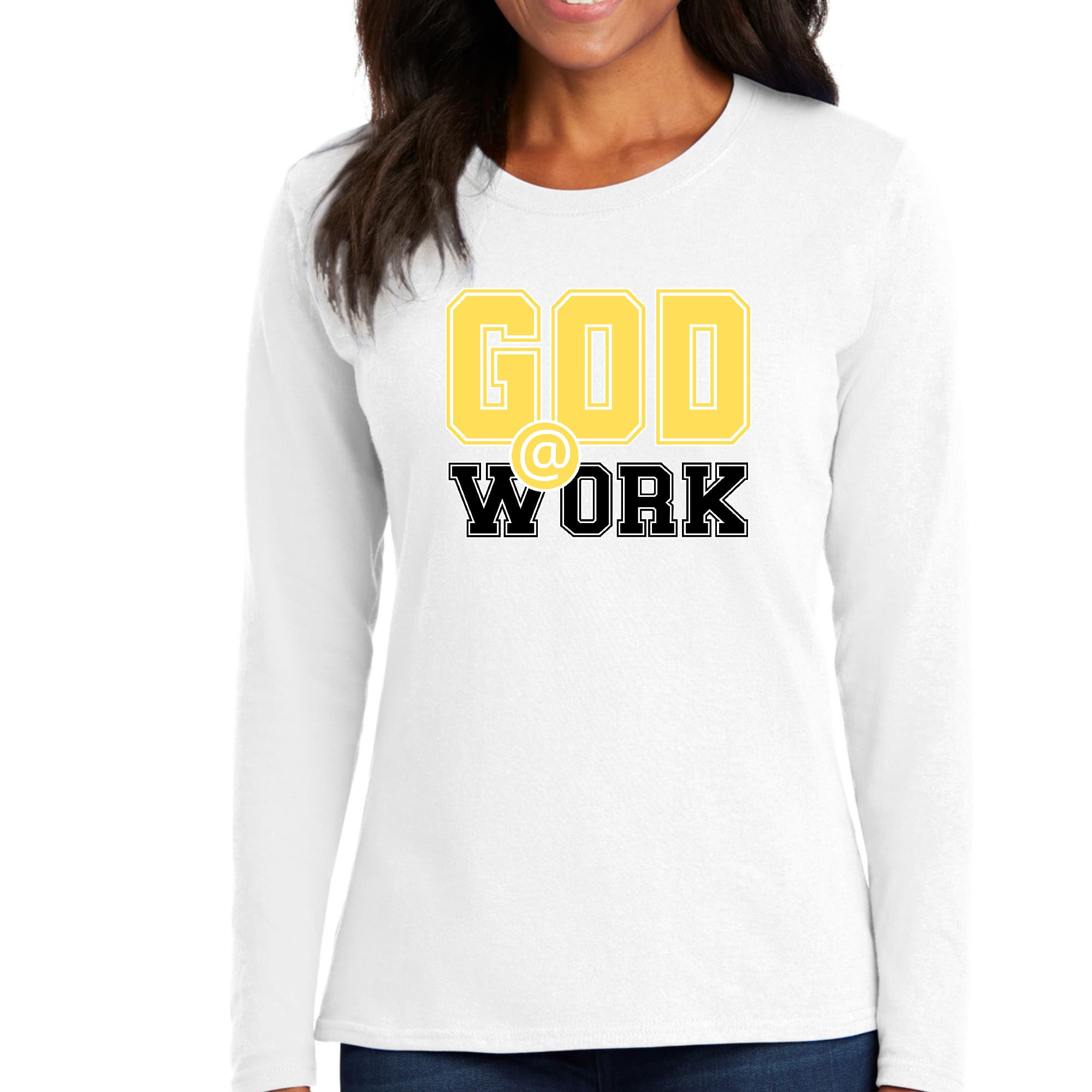 Womens Long Sleeve Graphic T-shirt in yellow and black with God @ Work print, showcasing stylish design and comfortable fit.