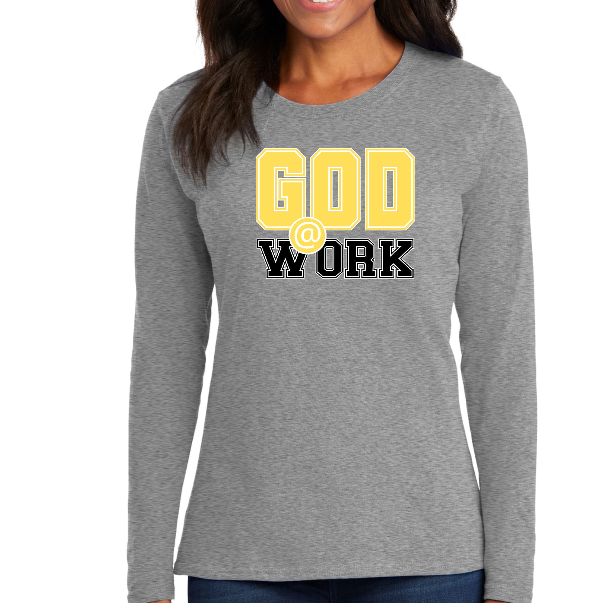 Womens Long Sleeve Graphic T-shirt in yellow and black with God @ Work print, showcasing stylish design and comfortable fit.