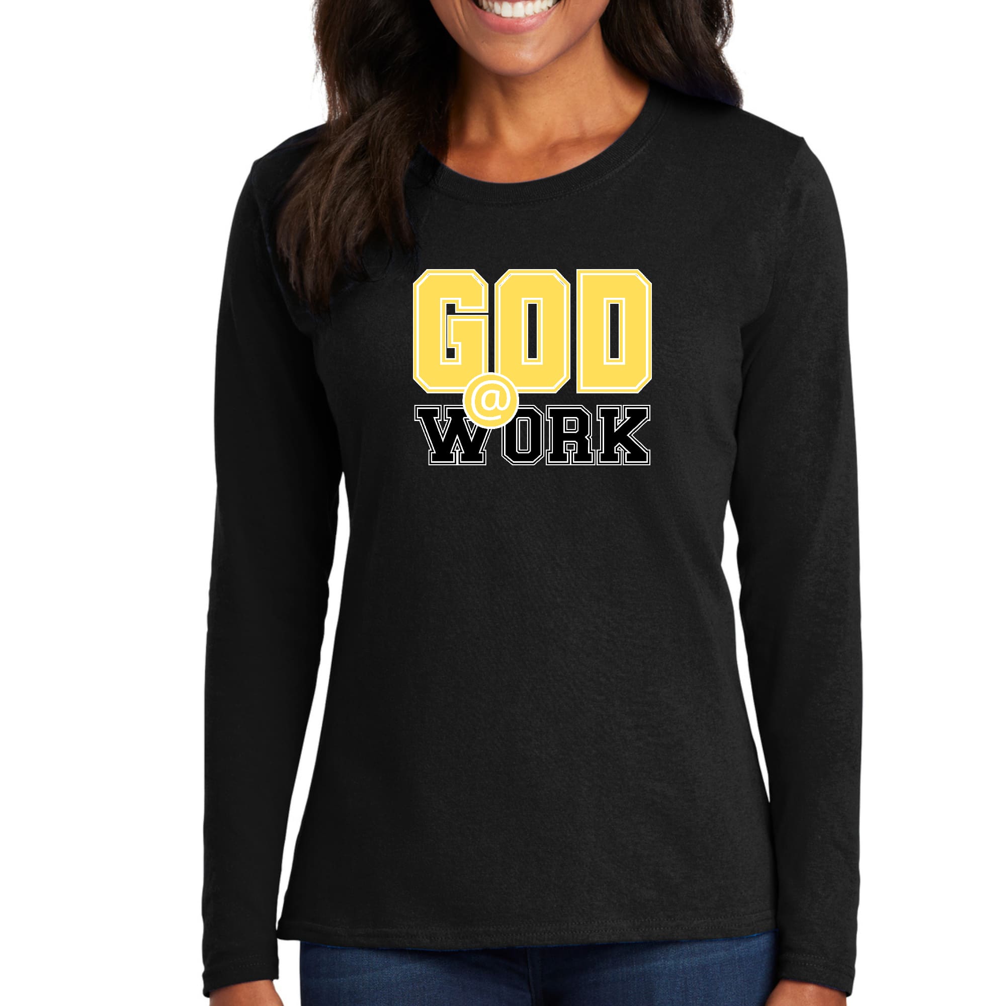 Womens Long Sleeve Graphic T-shirt in yellow and black with God @ Work print, showcasing stylish design and comfortable fit.