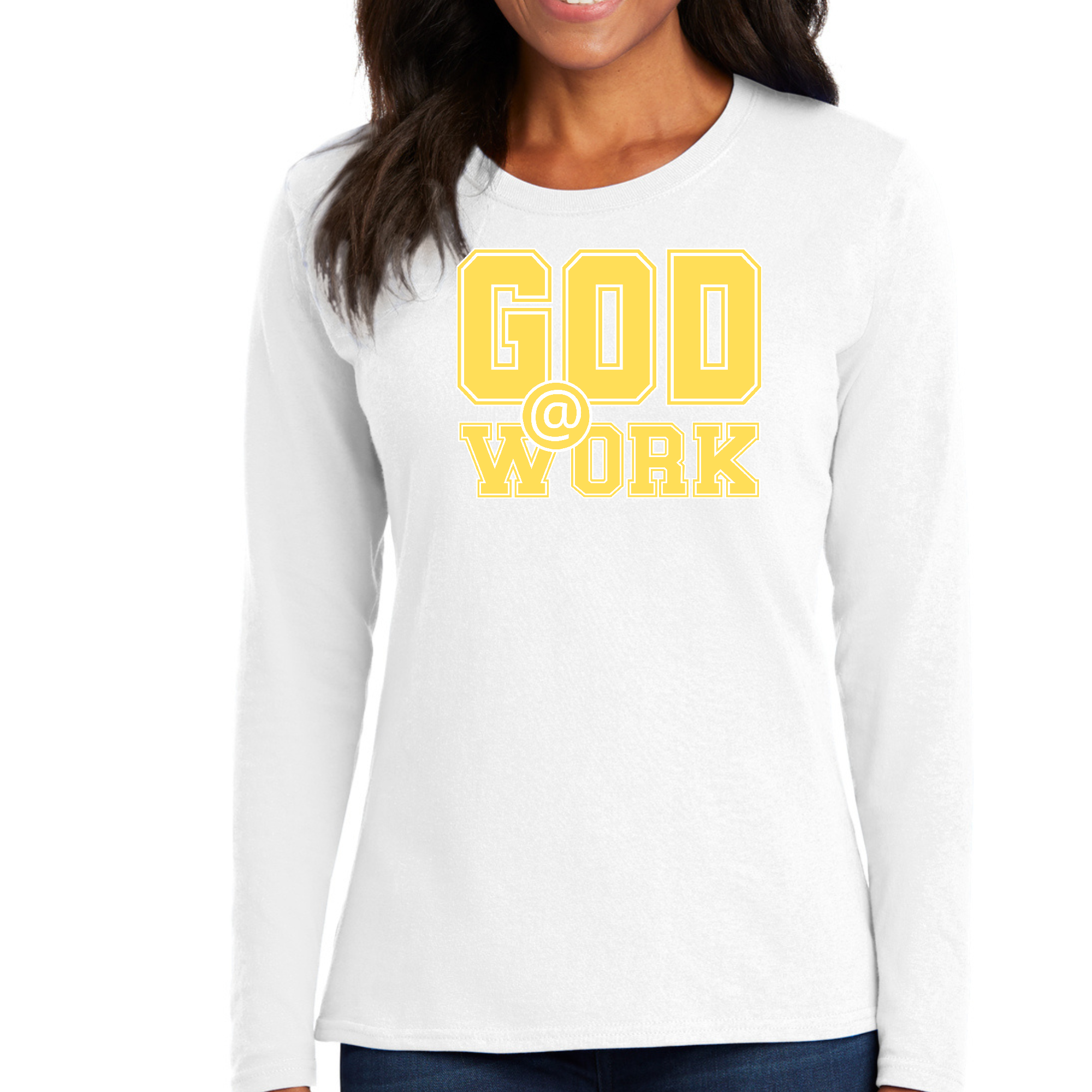 Womens Long Sleeve Graphic T-shirt in yellow and white with God @ Work print, showcasing a stylish and comfortable design.