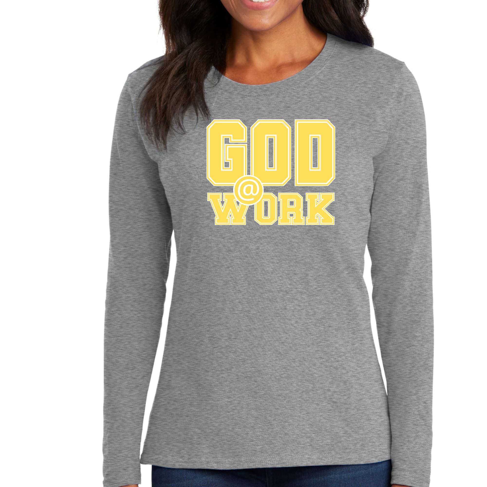 Womens Long Sleeve Graphic T-shirt in yellow and white with God @ Work print, showcasing a stylish and comfortable design.