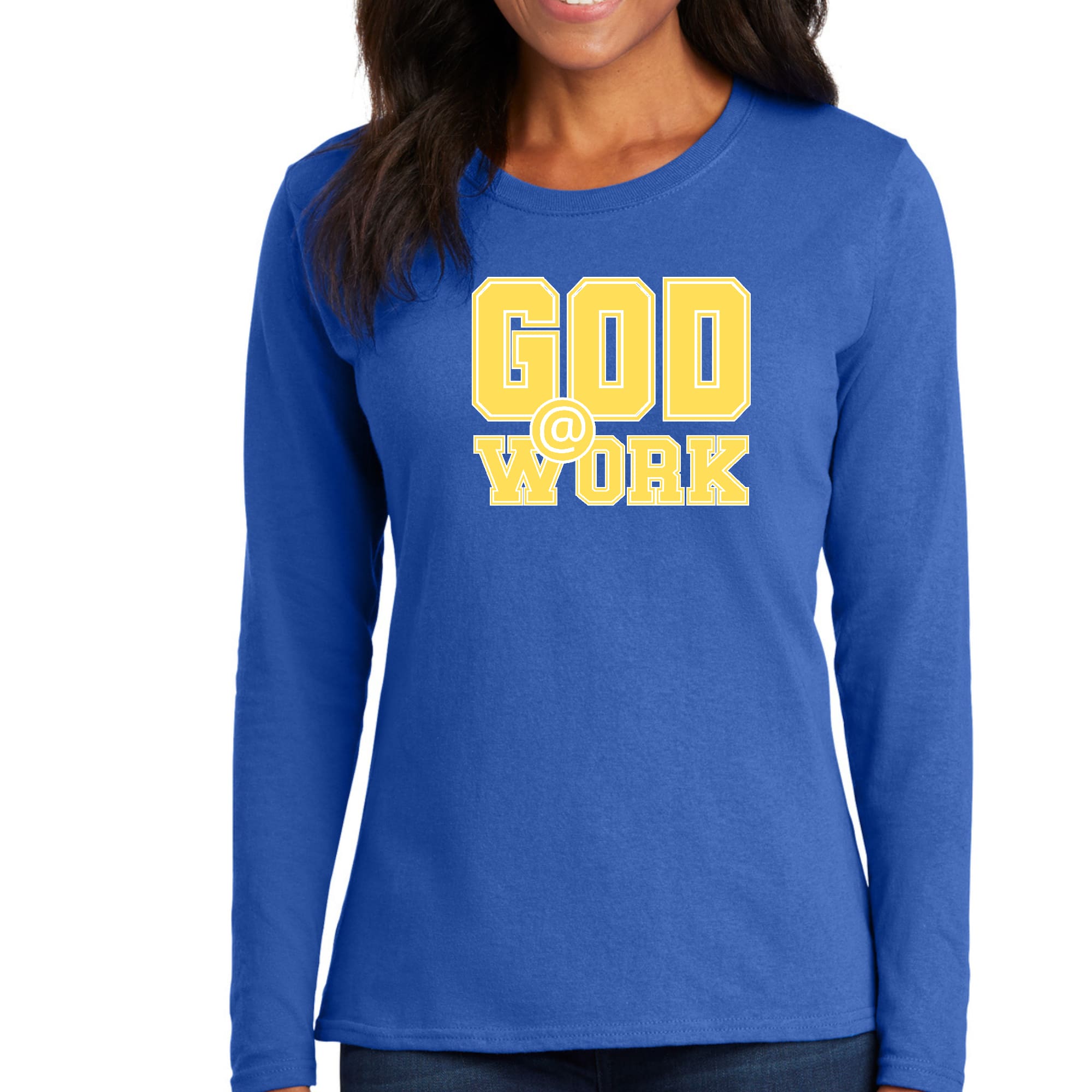 Womens Long Sleeve Graphic T-shirt in yellow and white with God @ Work print, showcasing a stylish and comfortable design.