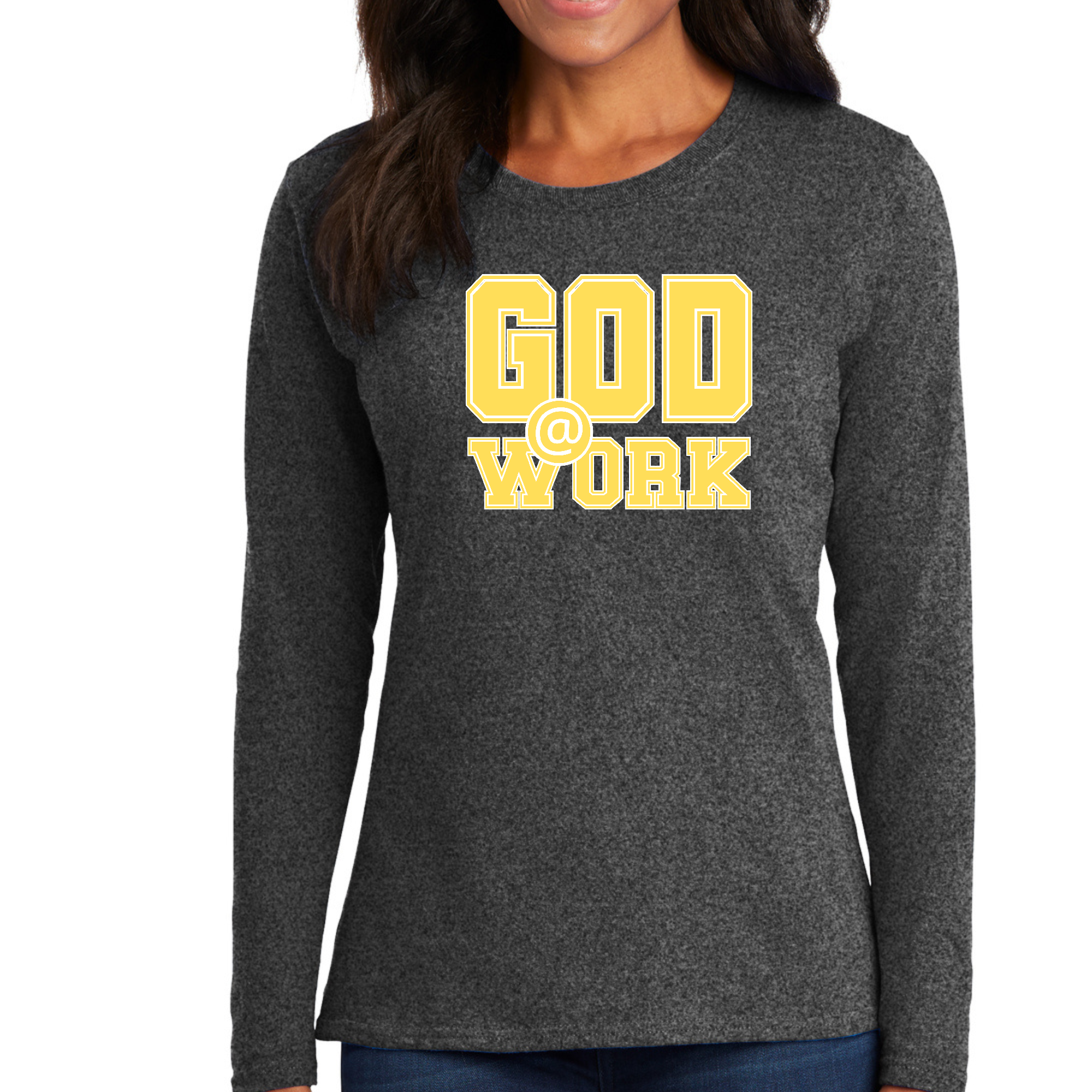 Womens Long Sleeve Graphic T-shirt in yellow and white with God @ Work print, showcasing a stylish and comfortable design.